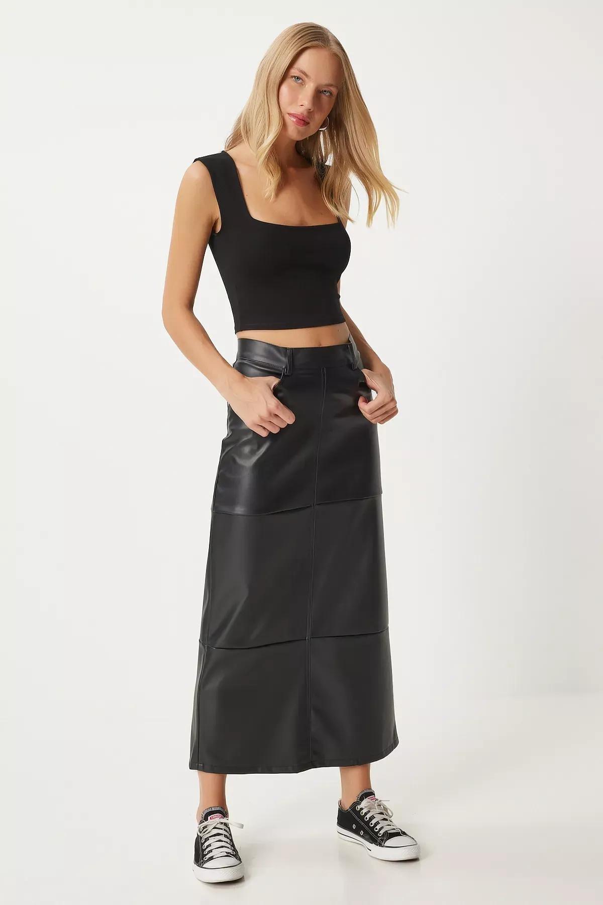 Black Faux Leather Pencil Skirt, BLACK, medium
