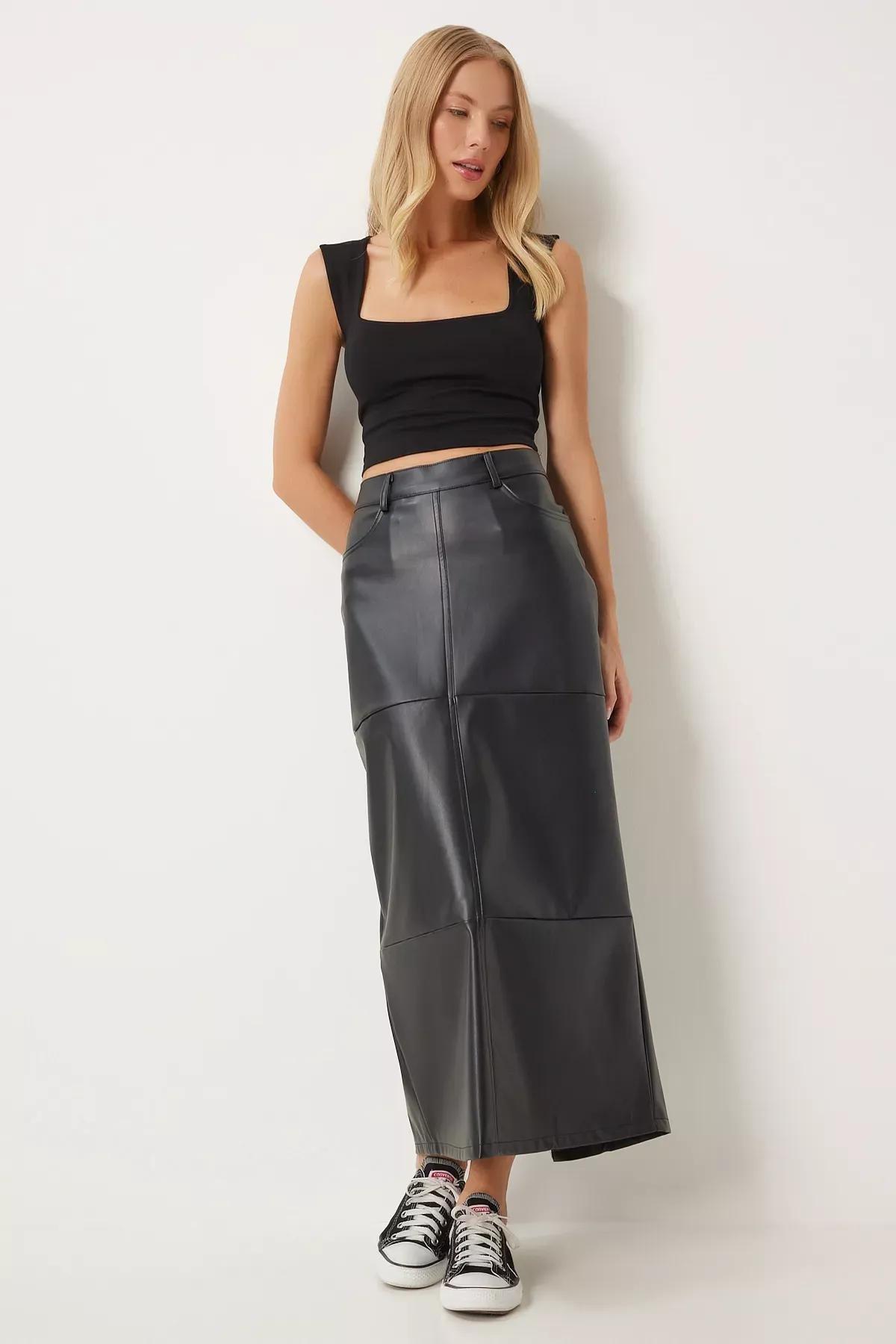 Black Faux Leather Pencil Skirt, BLACK, medium