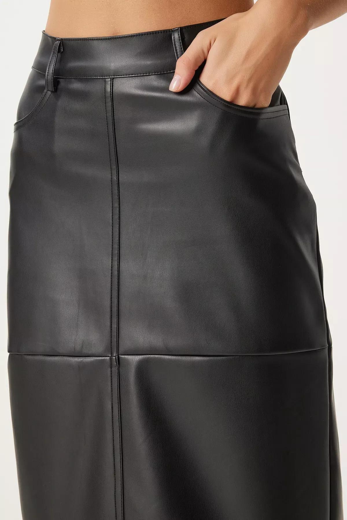 Black Faux Leather Pencil Skirt, , large image number 3