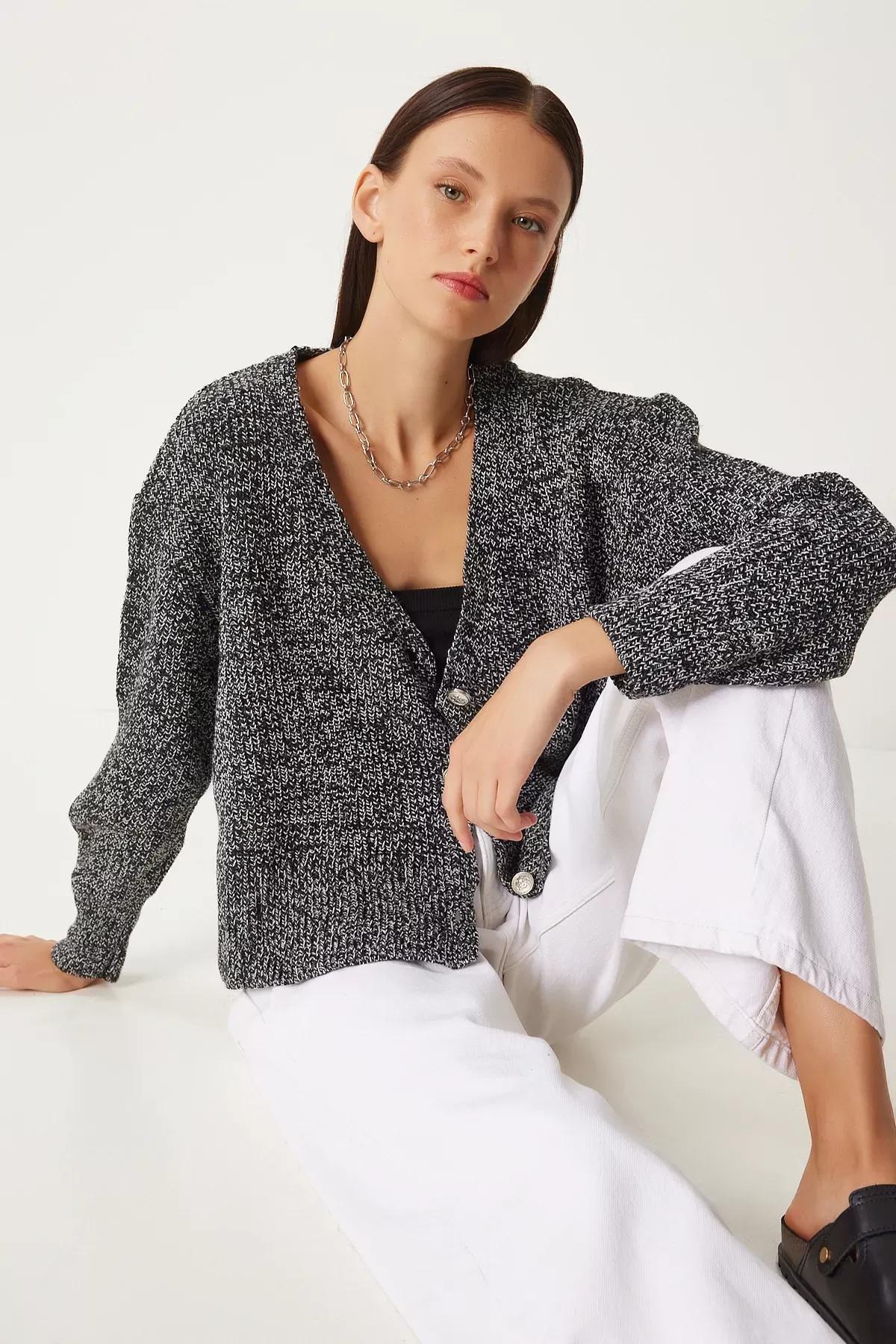 Grey Flecked V-Neck Knitwear Cardigan, GRAY MELANGE, large image number 0