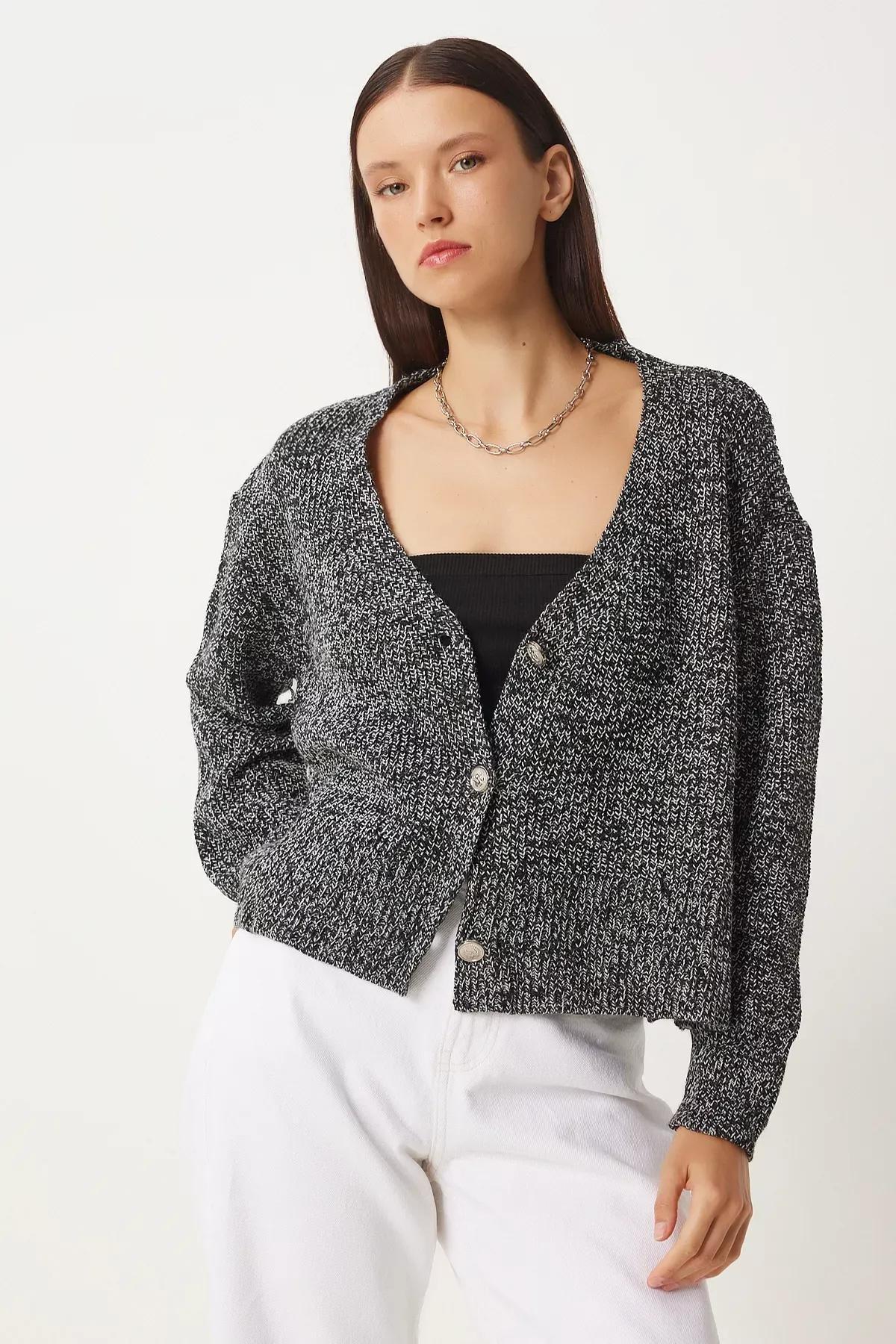 Grey Flecked V-Neck Knitwear Cardigan, GRAY MELANGE, large image number 1