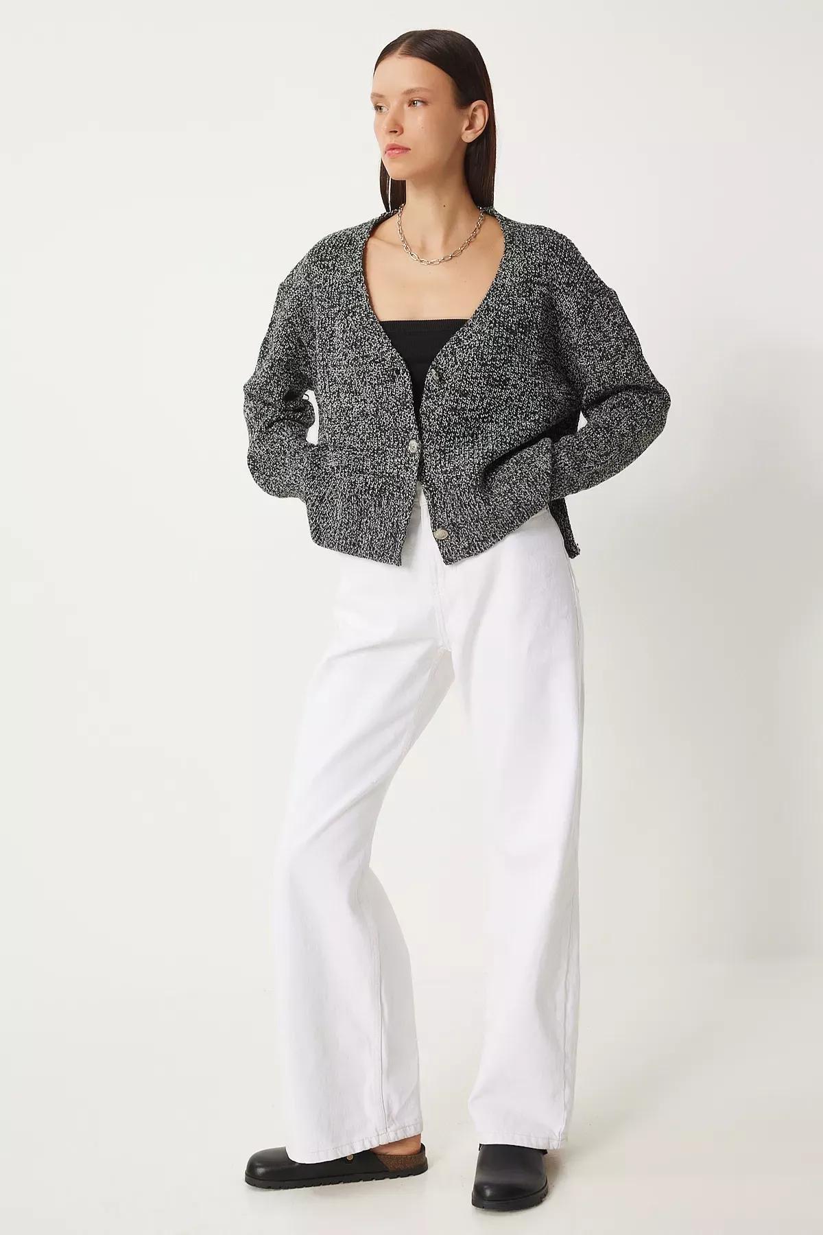 Grey Flecked V-Neck Knitwear Cardigan, GRAY MELANGE, large image number 2