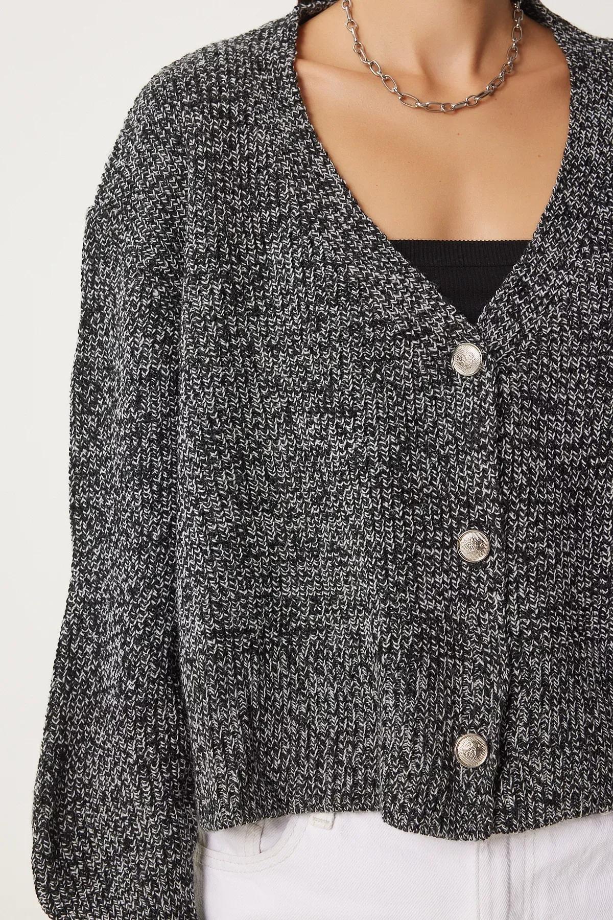 Grey Flecked V-Neck Knitwear Cardigan, GRAY MELANGE, large image number 3