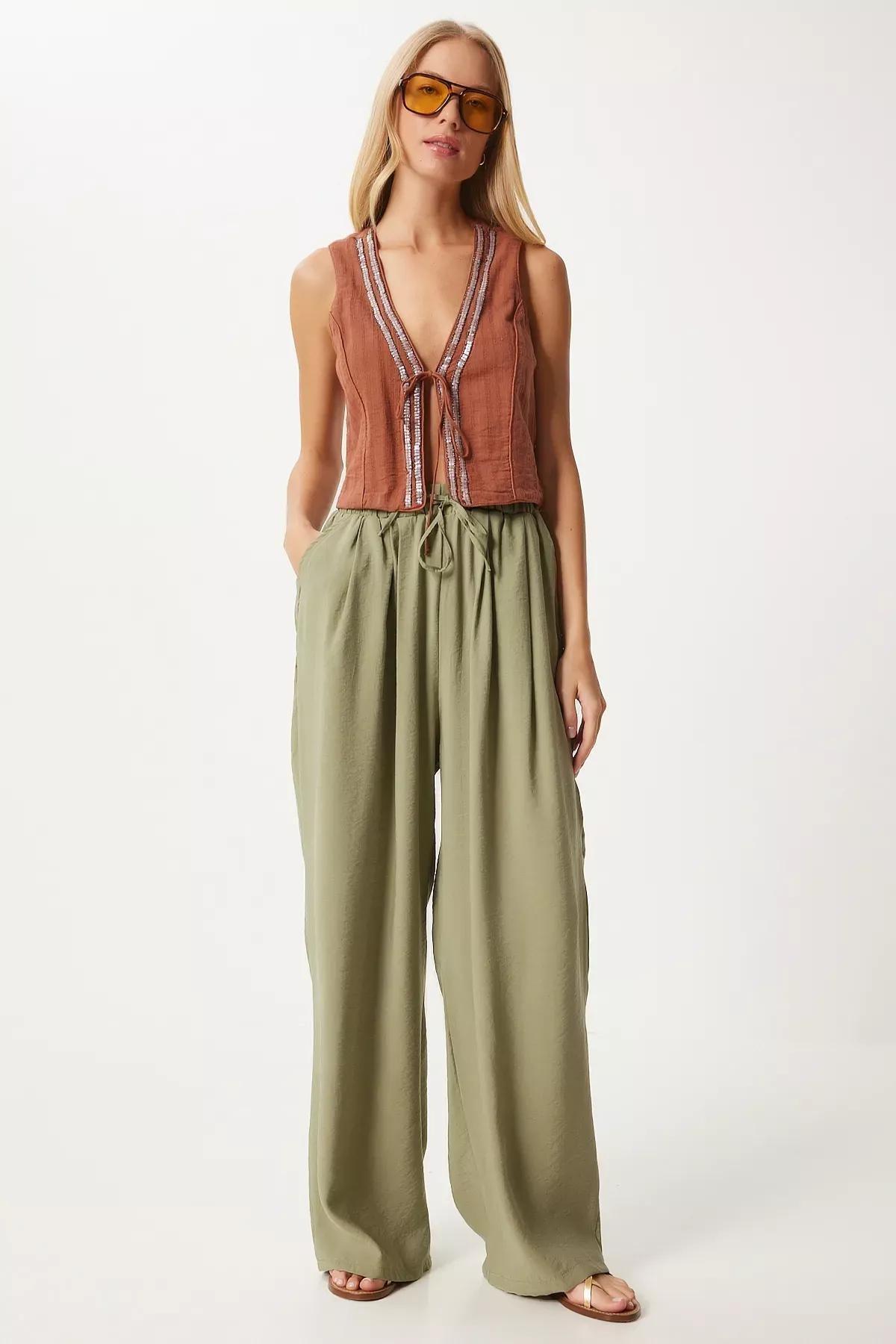 Green Casual Fit Shalwar Trousers, Khaki, large image number 0
