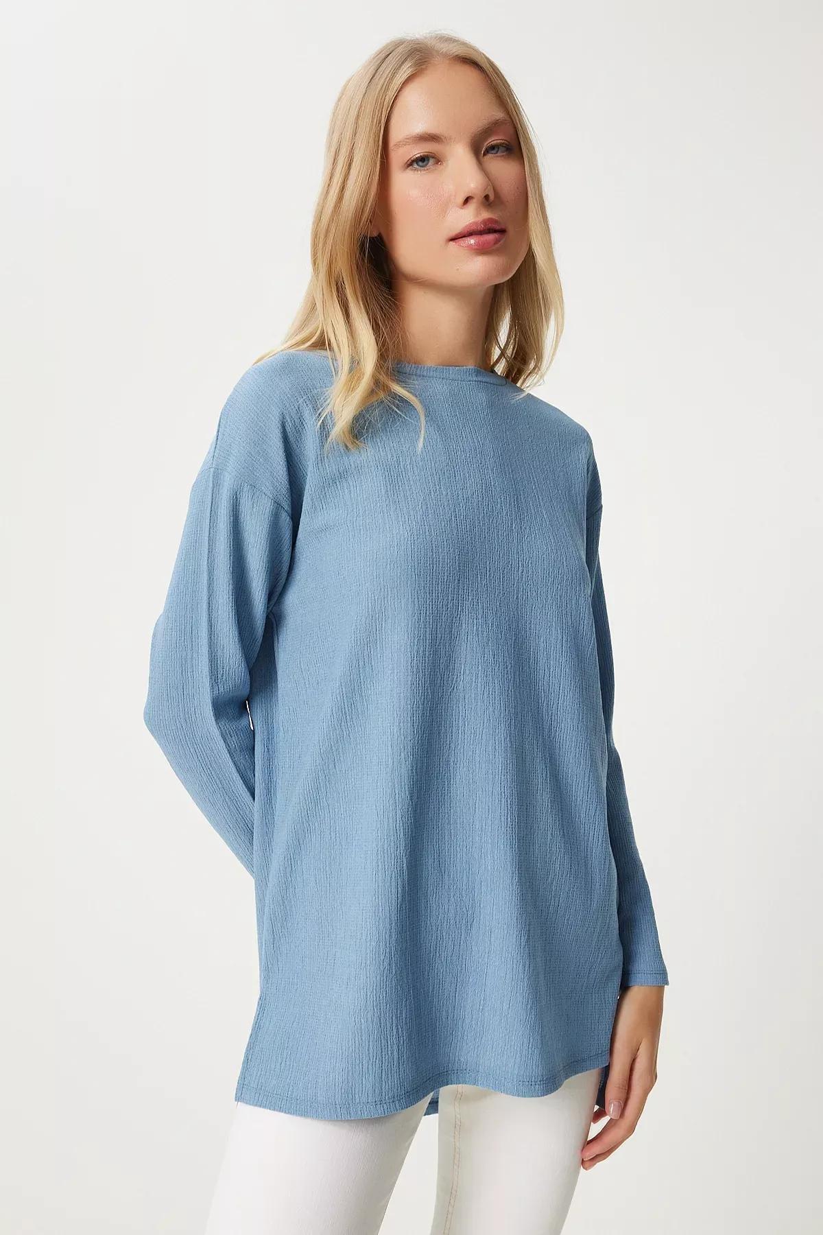 Blue Patterned Long Sleeve Knitted Blouse, SKY BLUE, large image number 1