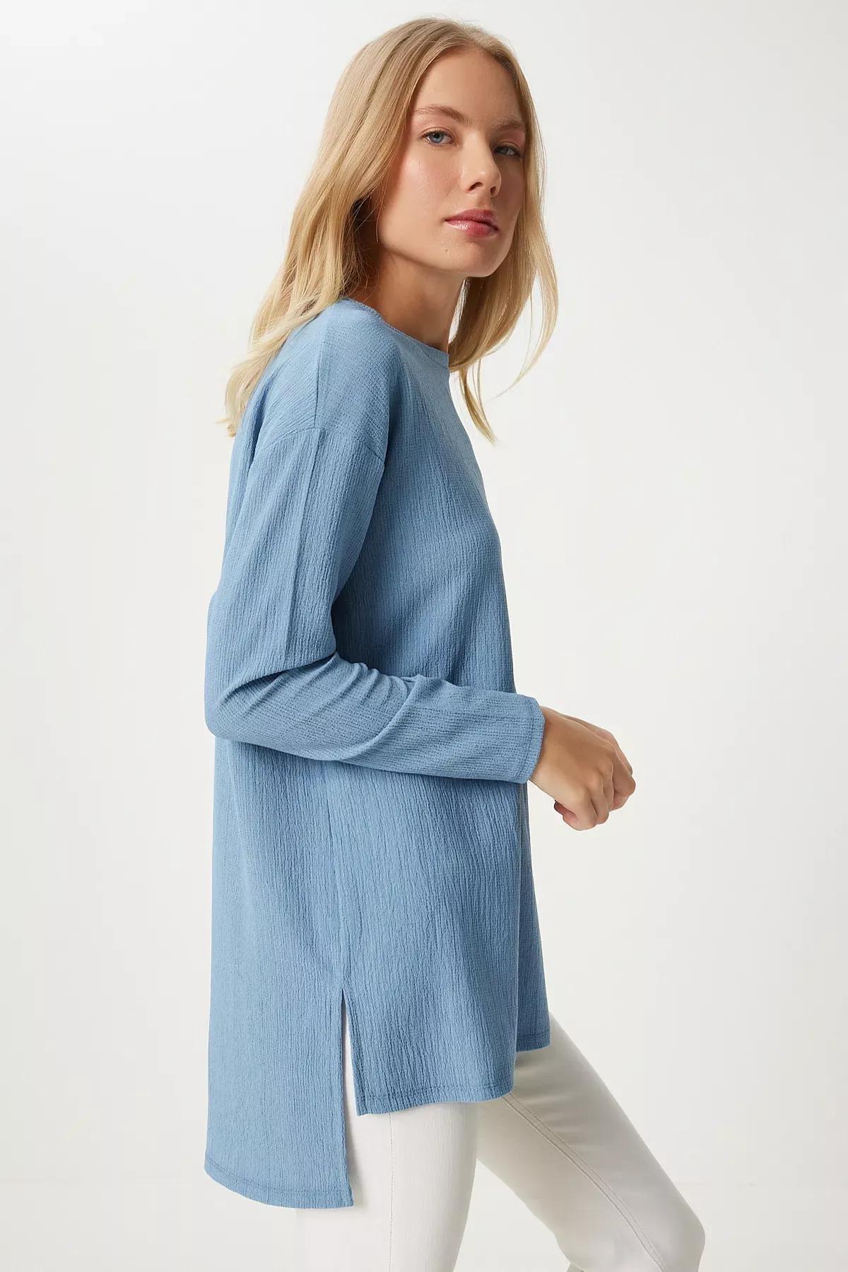 Blue Patterned Long Sleeve Knitted Blouse, SKY BLUE, large image number 2
