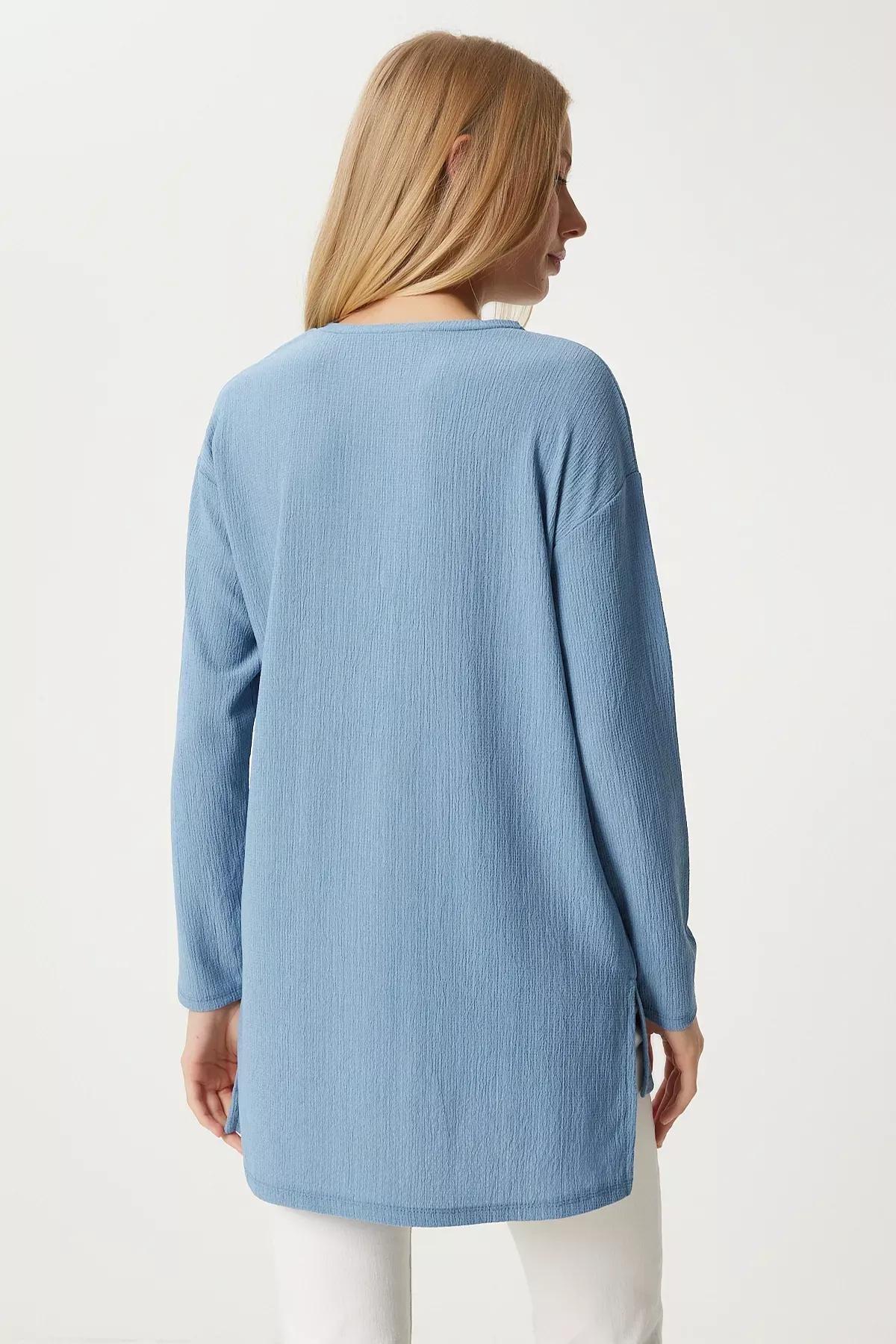 Blue Patterned Long Sleeve Knitted Blouse, SKY BLUE, large image number 3