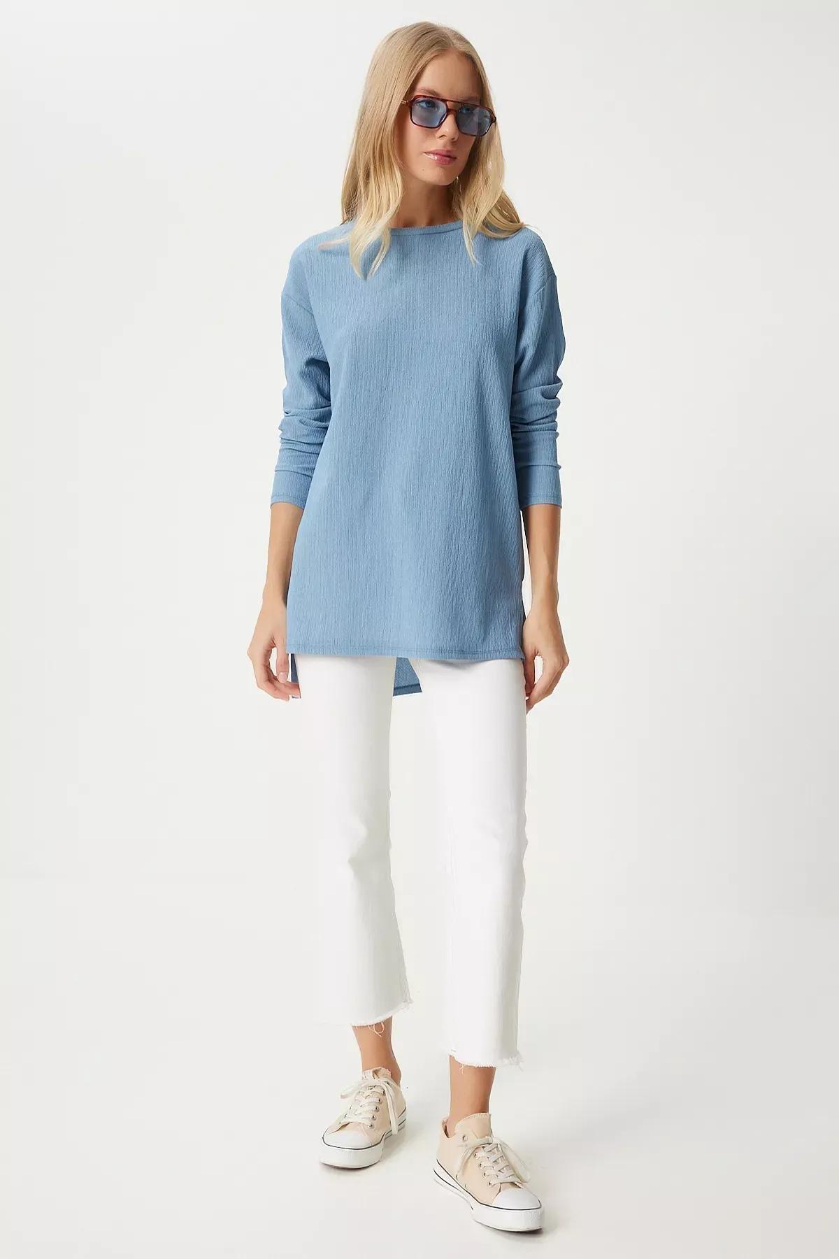 Blue Patterned Long Sleeve Knitted Blouse, SKY BLUE, large image number 4
