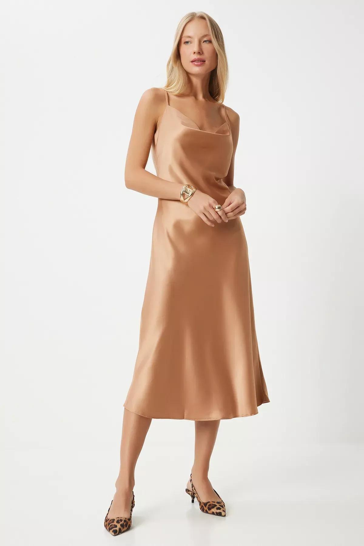 Ecru Cowl Neck Detailed Dress, CARAMEL, large image number 1