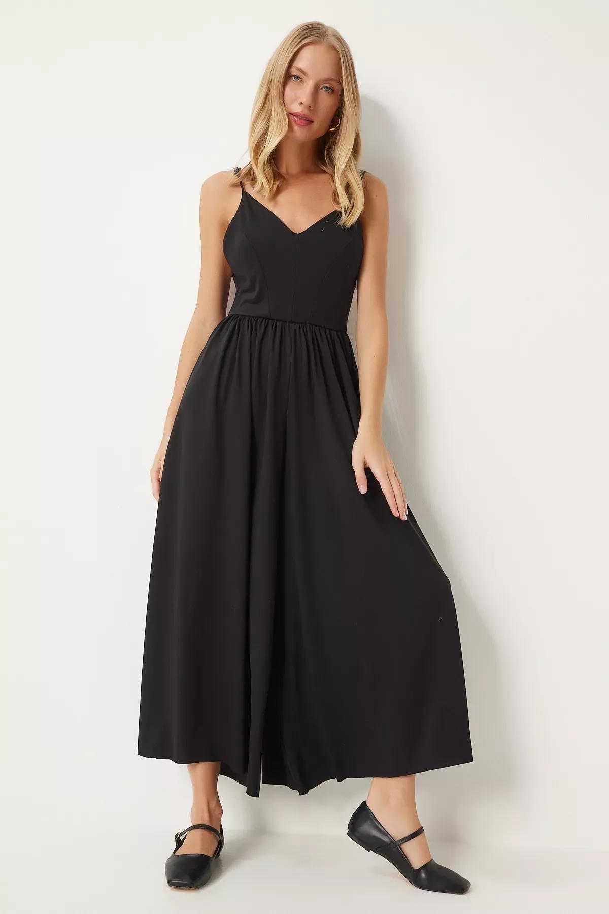 Black Rope Strap V-Neck Knitted Jumpsuit, , large image number 0