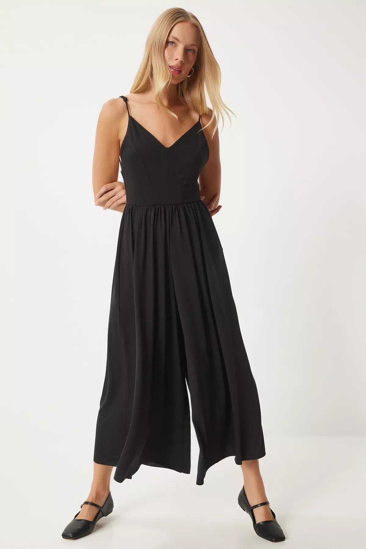 Black Rope Strap V-Neck Knitted Jumpsuit, , large image number 1