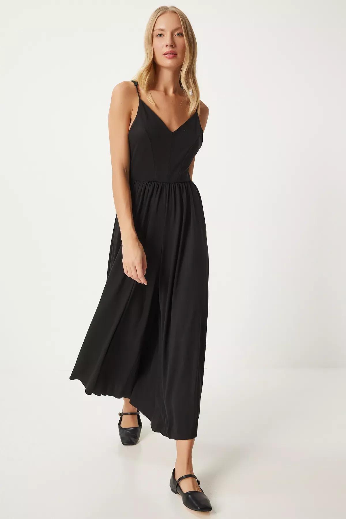 Black Rope Strap V-Neck Knitted Jumpsuit, , large image number 2
