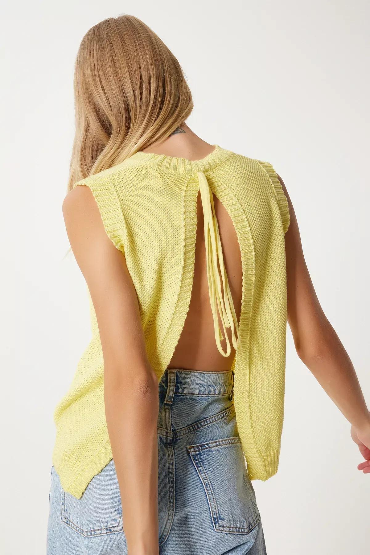 Yellow Backless Bow Knitted Blouse, Yellow, large image number 0