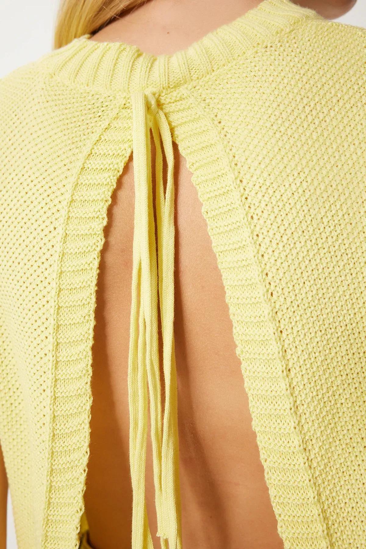 Yellow Backless Bow Knitted Blouse, Yellow, large image number 4