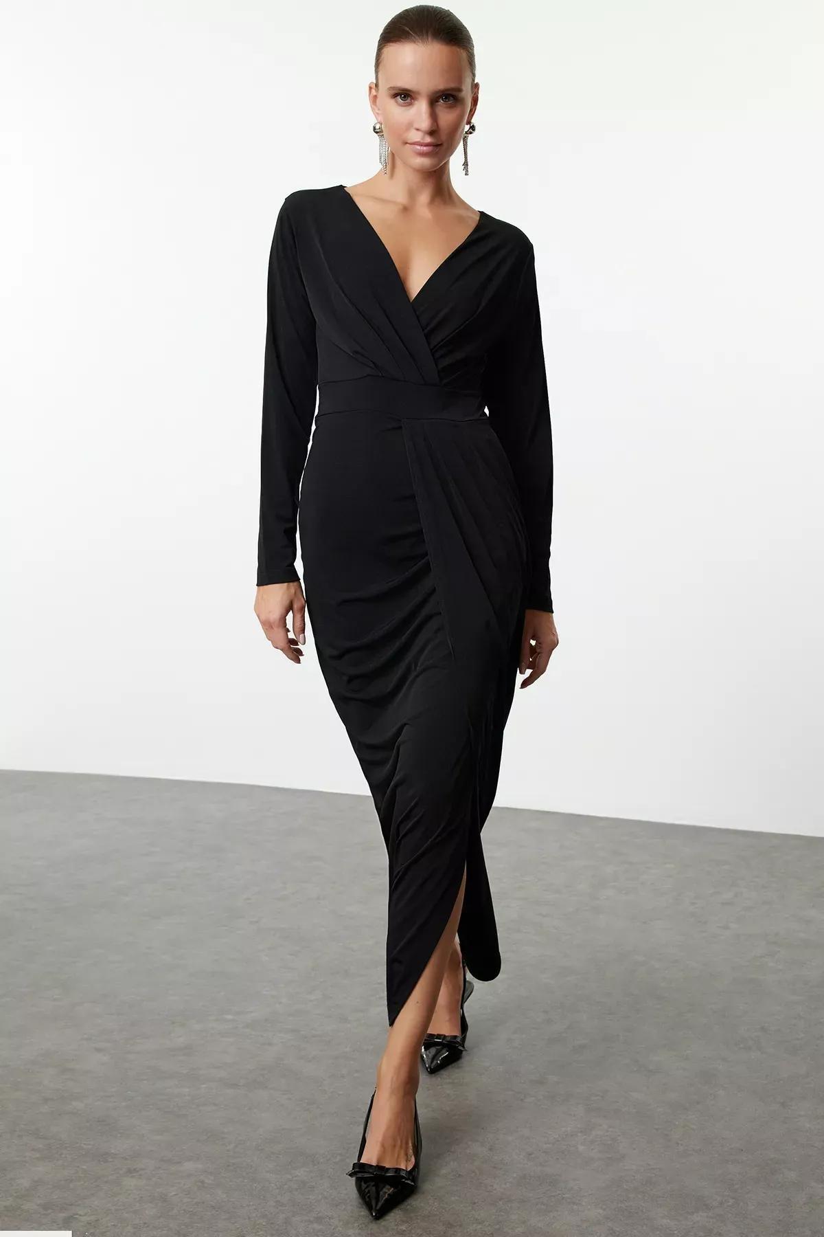 Black V-Neck Lined Woven Dress, , large image number 0