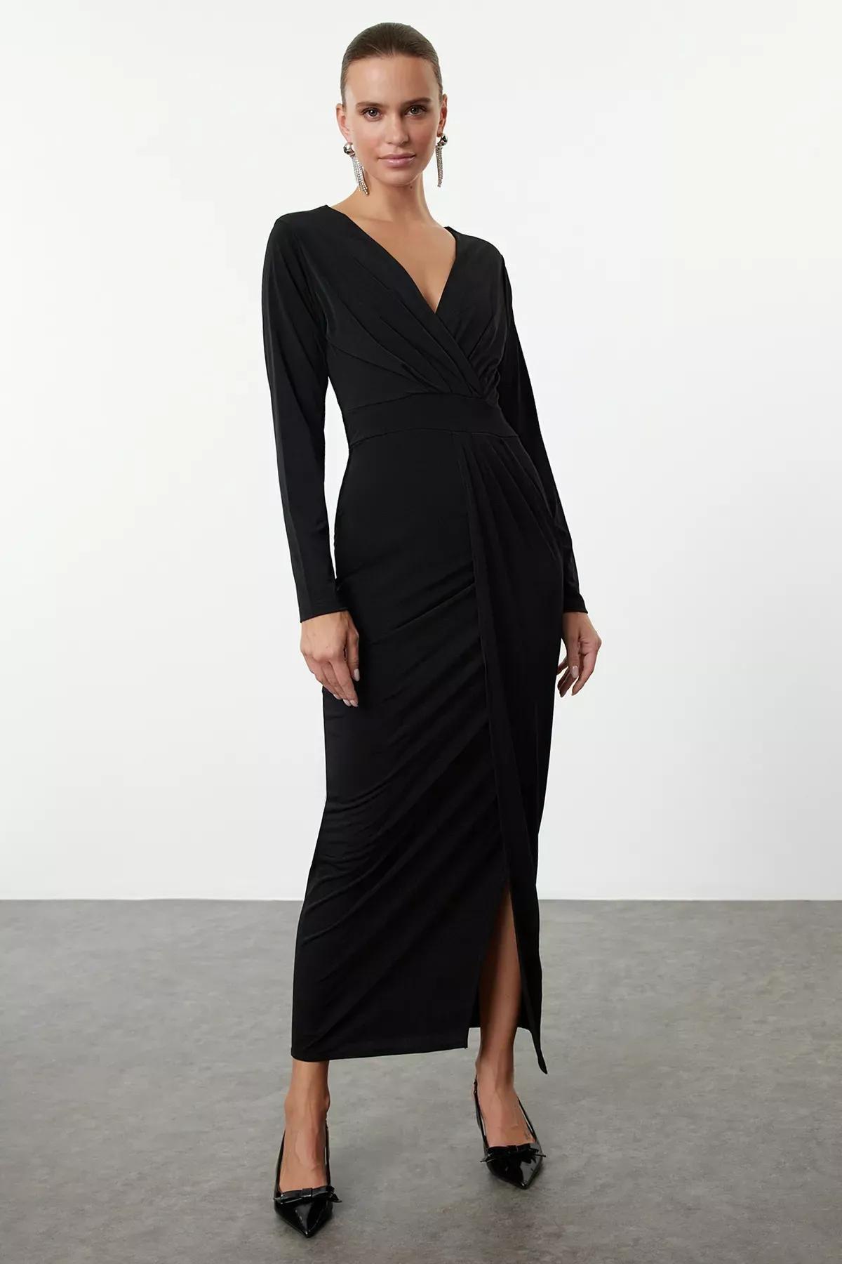 Black V-Neck Lined Woven Dress, , large image number 1