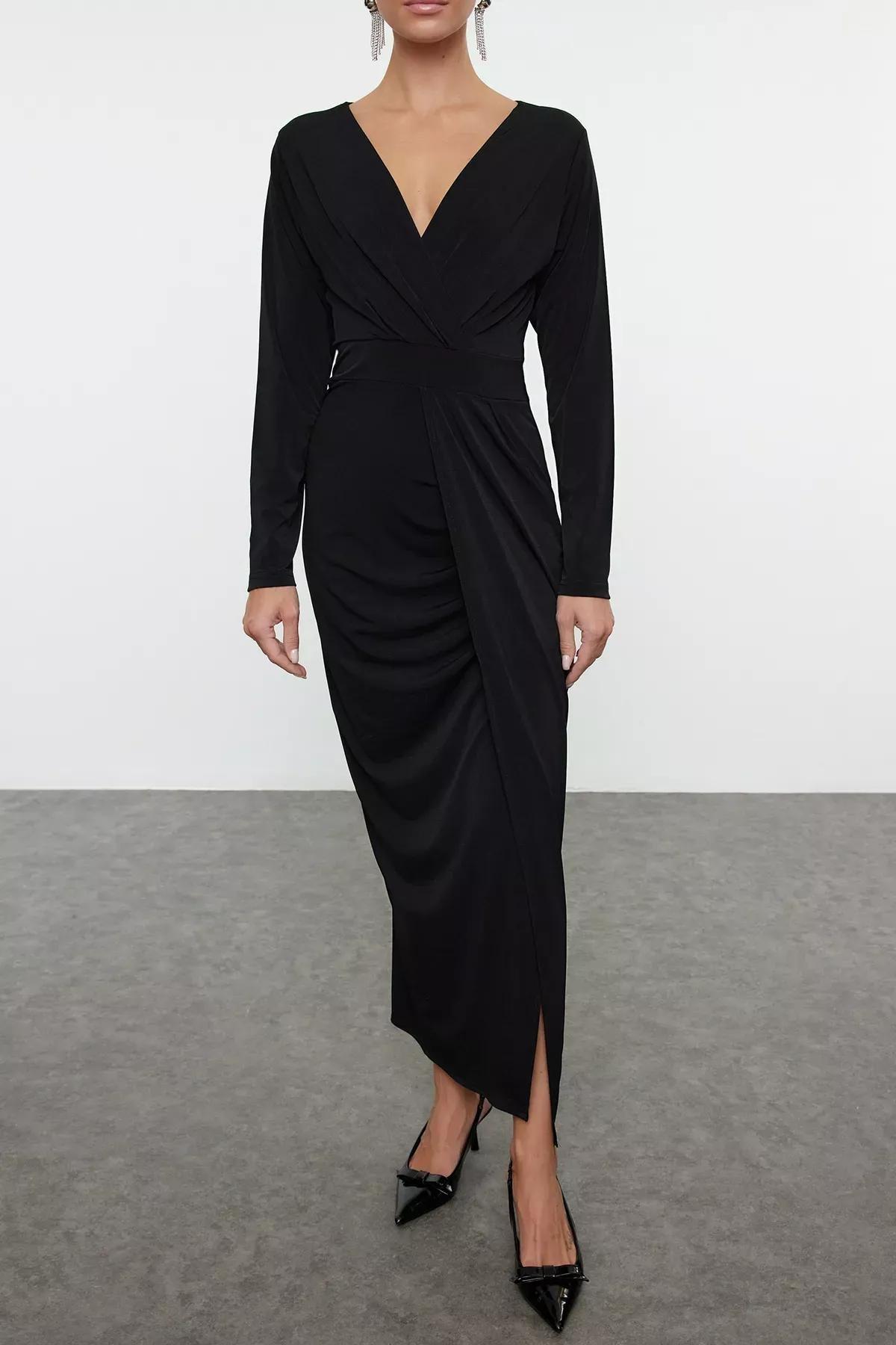 Black V-Neck Lined Woven Dress, , large image number 2