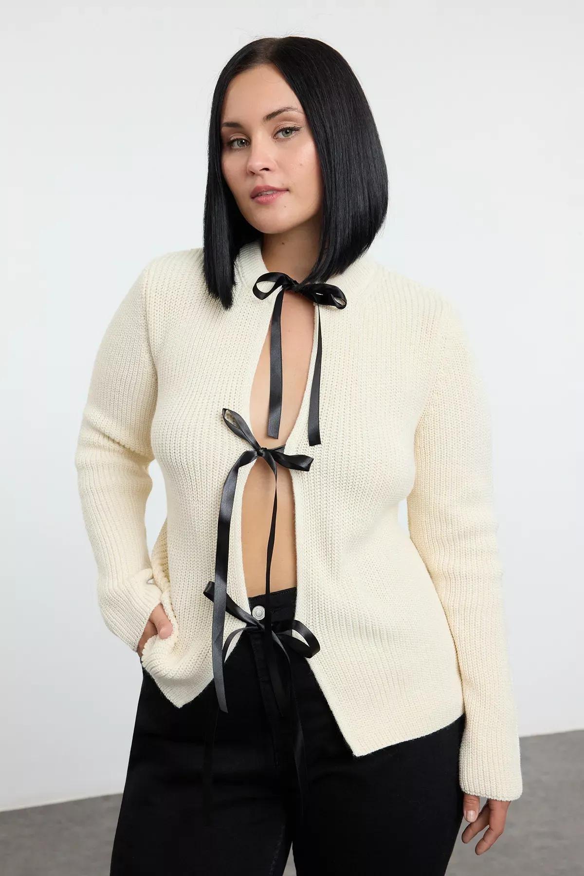 Stone Crew Neck Tied Crop Knitwear Cardigan, STONE, large image number 1