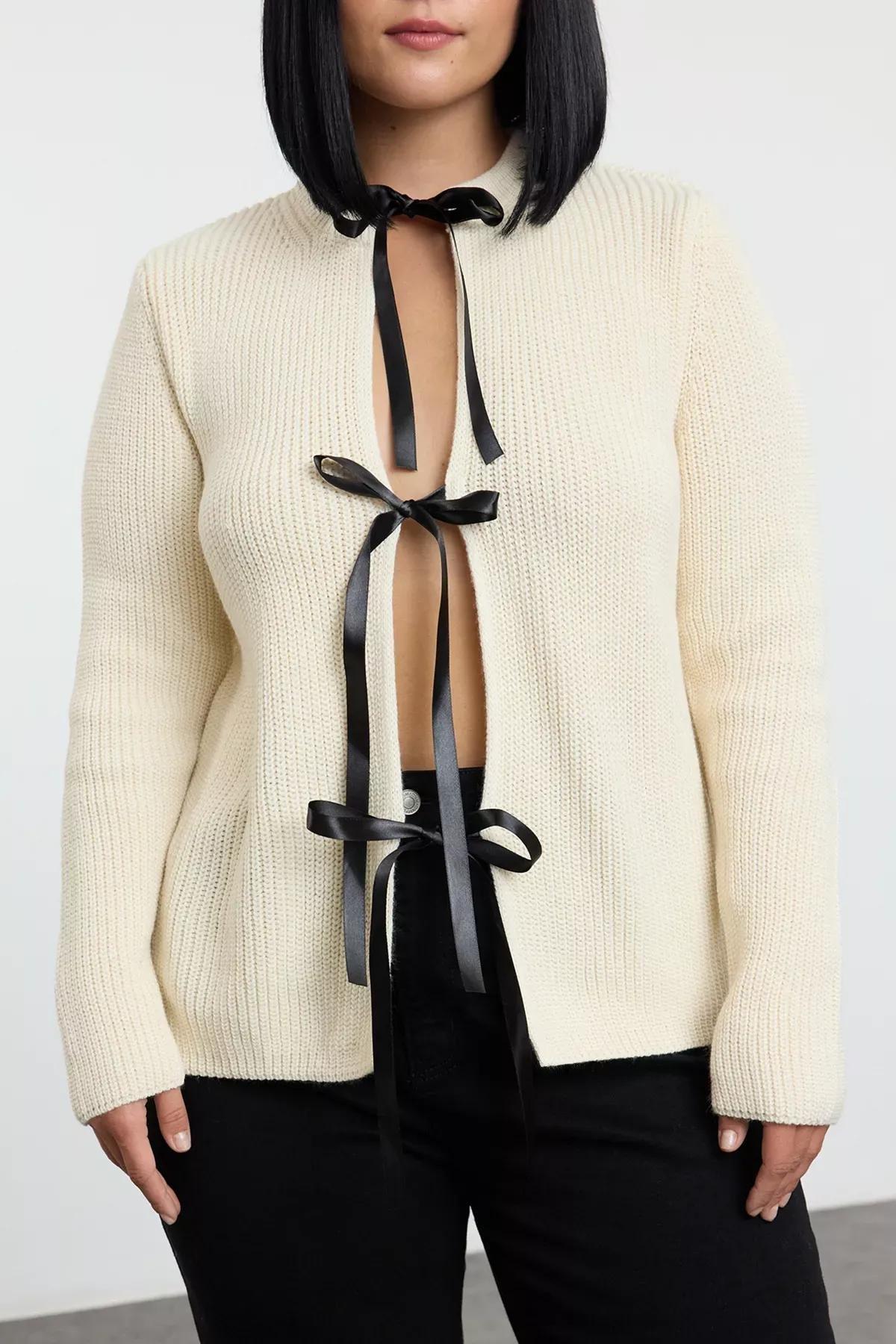 Stone Crew Neck Tied Crop Knitwear Cardigan, STONE, large image number 2