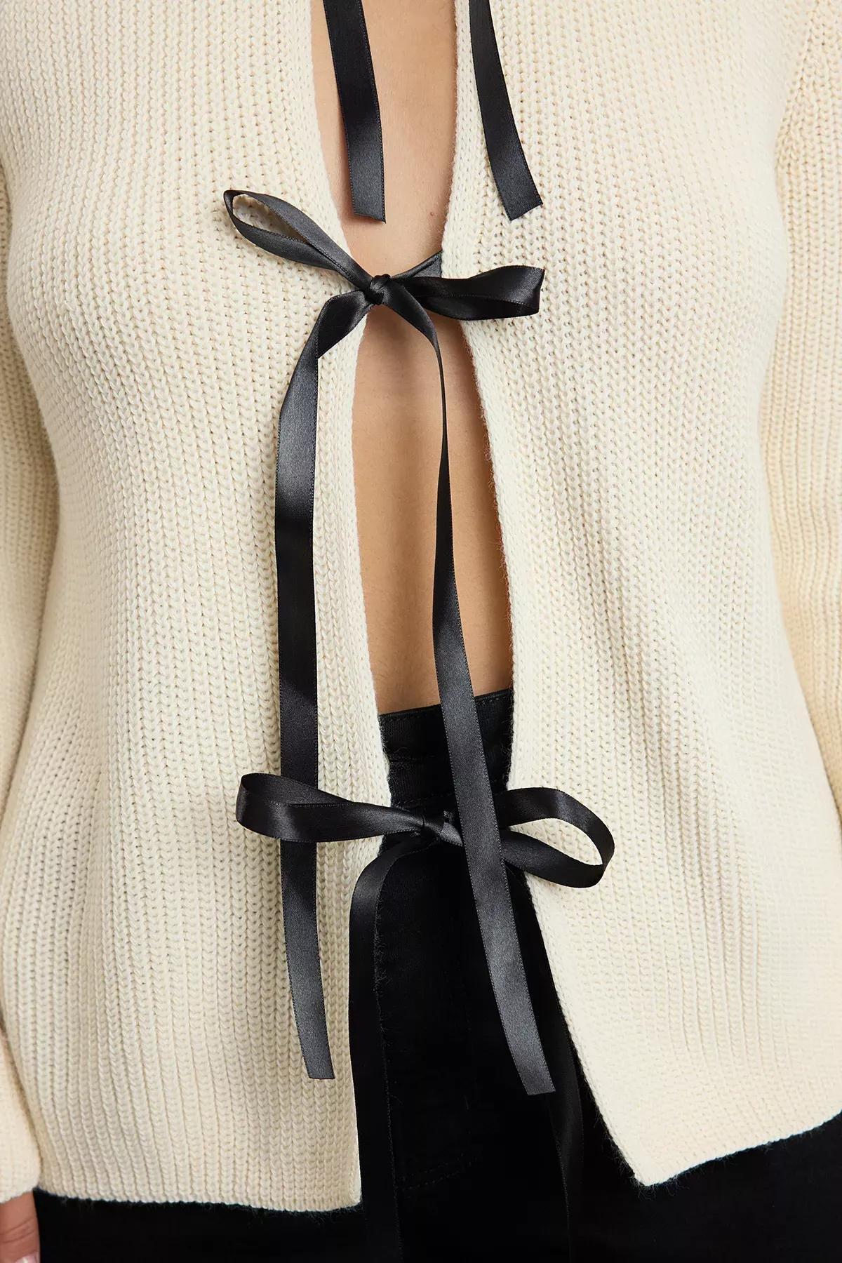 Stone Crew Neck Tied Crop Knitwear Cardigan, STONE, large image number 3