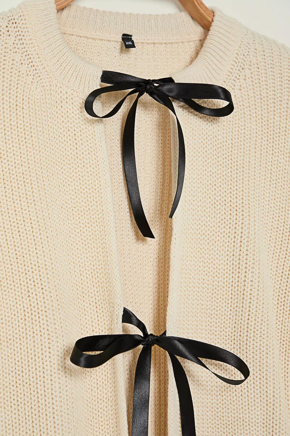 Stone Crew Neck Tied Crop Knitwear Cardigan, STONE, large image number 5