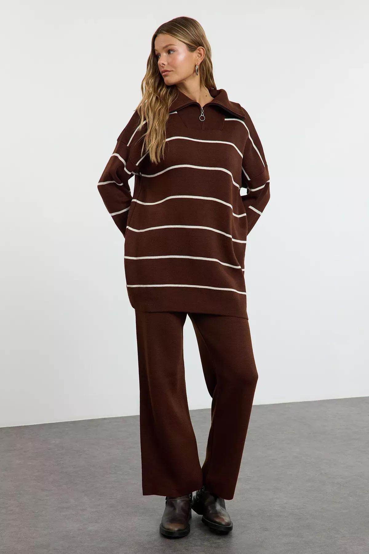 Brown Striped Knitwear Set, Brown, large image number 0