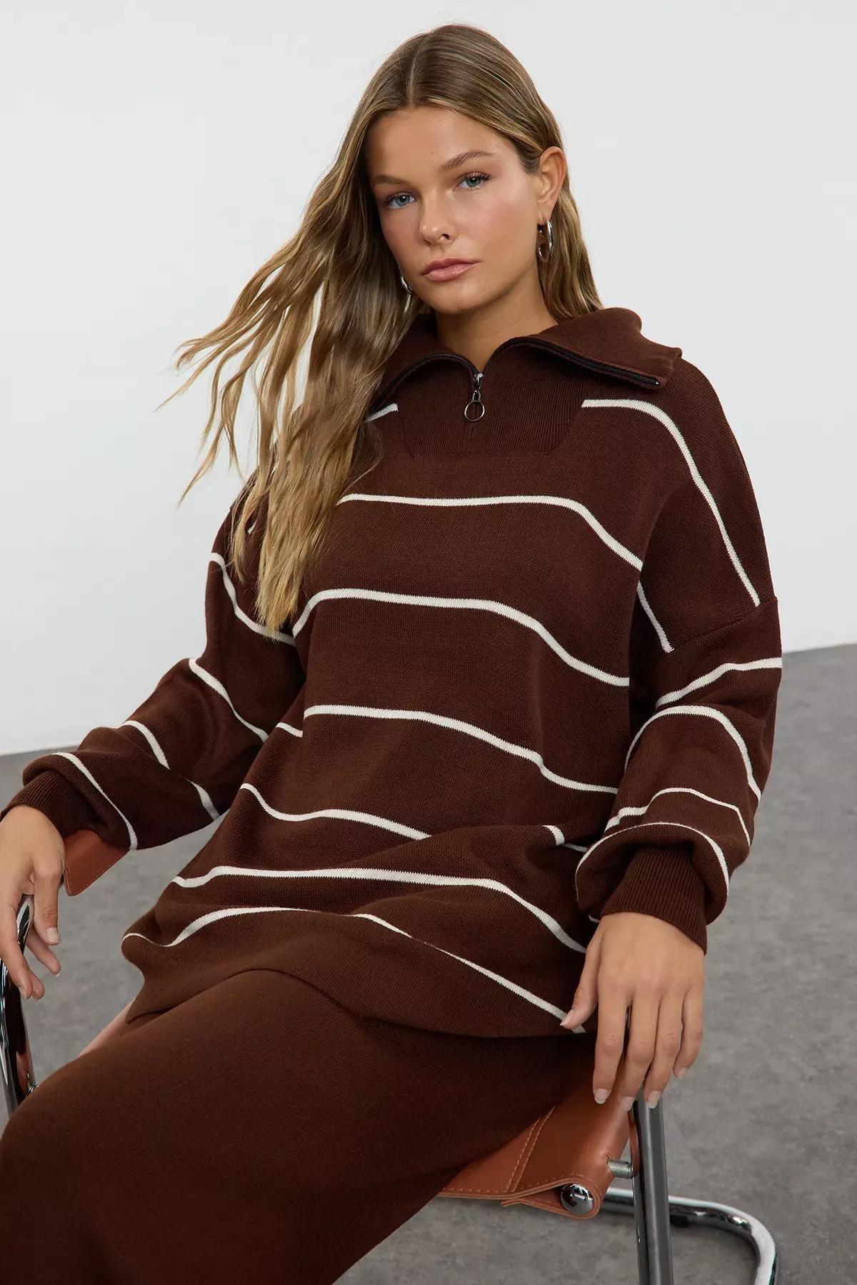 Brown Striped Knitwear Set, Brown, large image number 1