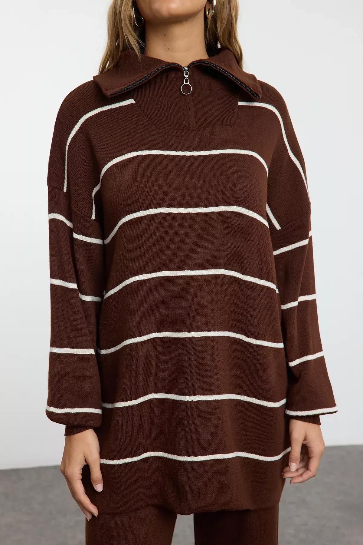 Brown Striped Knitwear Set, Brown, large image number 2