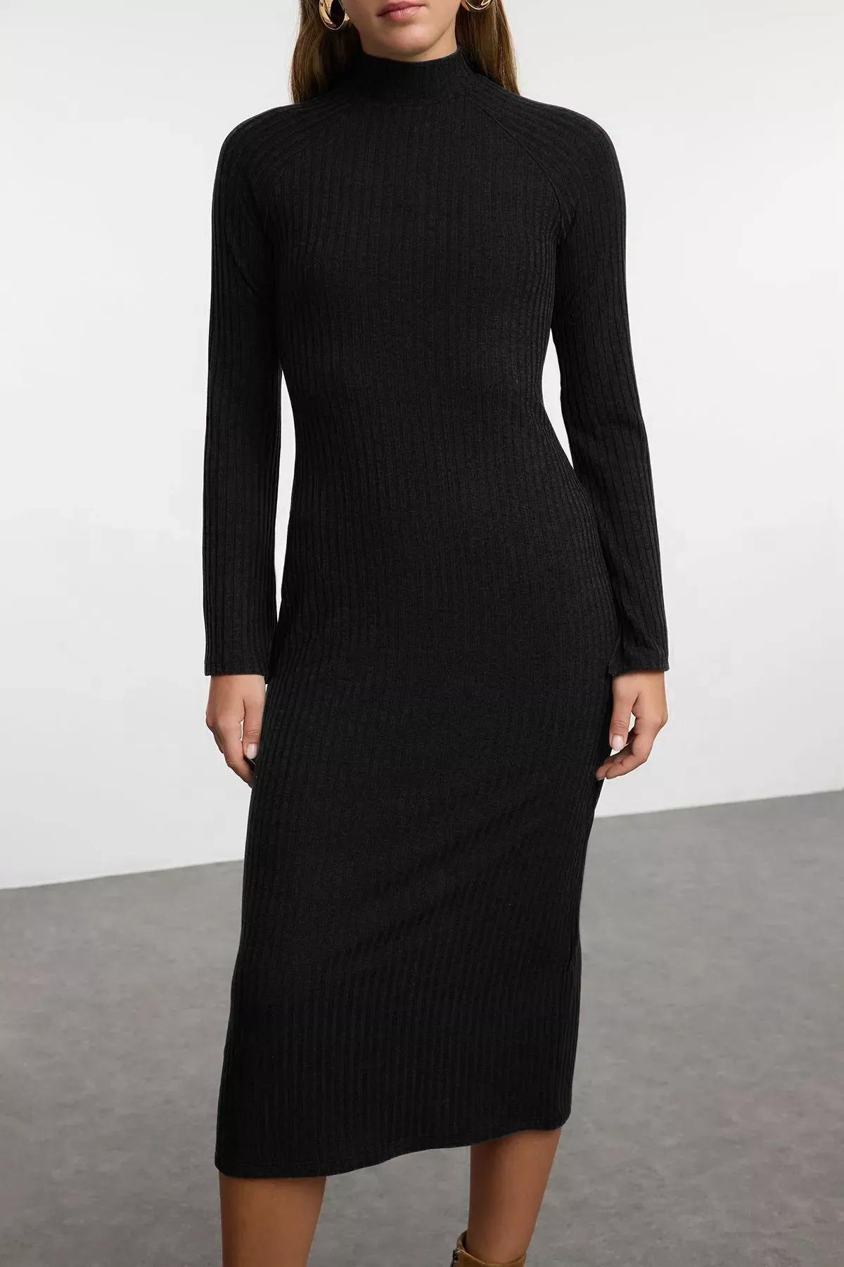 Black Midi Bodycon Ribbed Knitted Dress, BLACK, medium