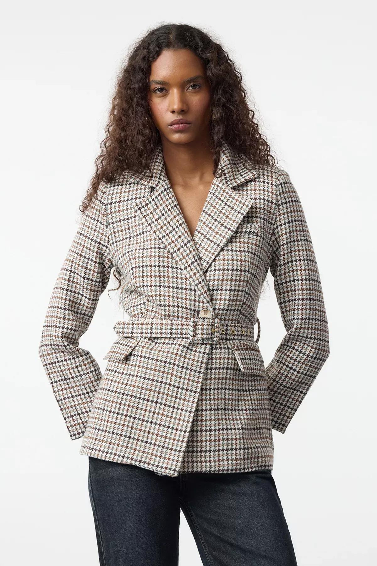 Multicolour Belted Woven Blazer, , large image number 0