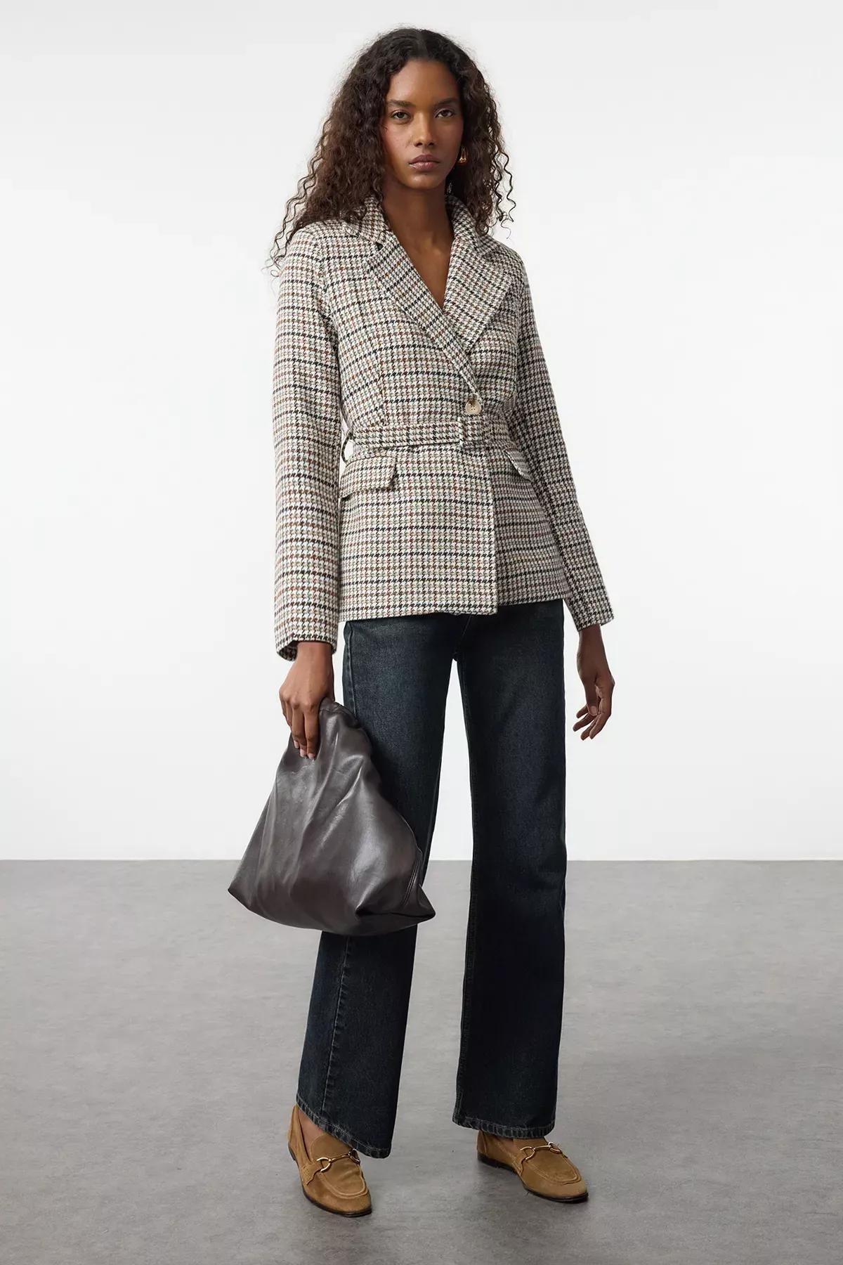 Multicolour Belted Woven Blazer, , large image number 1
