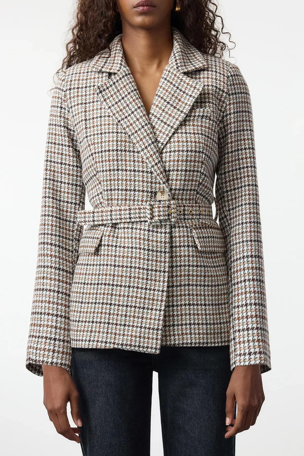 Multicolour Belted Woven Blazer, , large image number 2