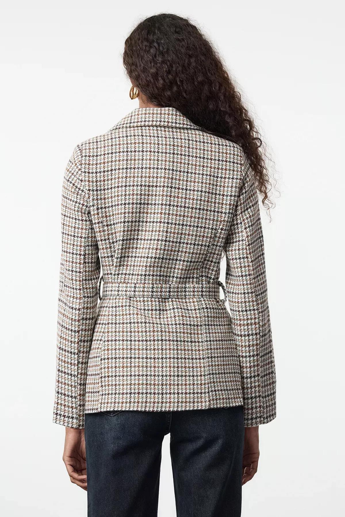 Multicolour Belted Woven Blazer, , large image number 4