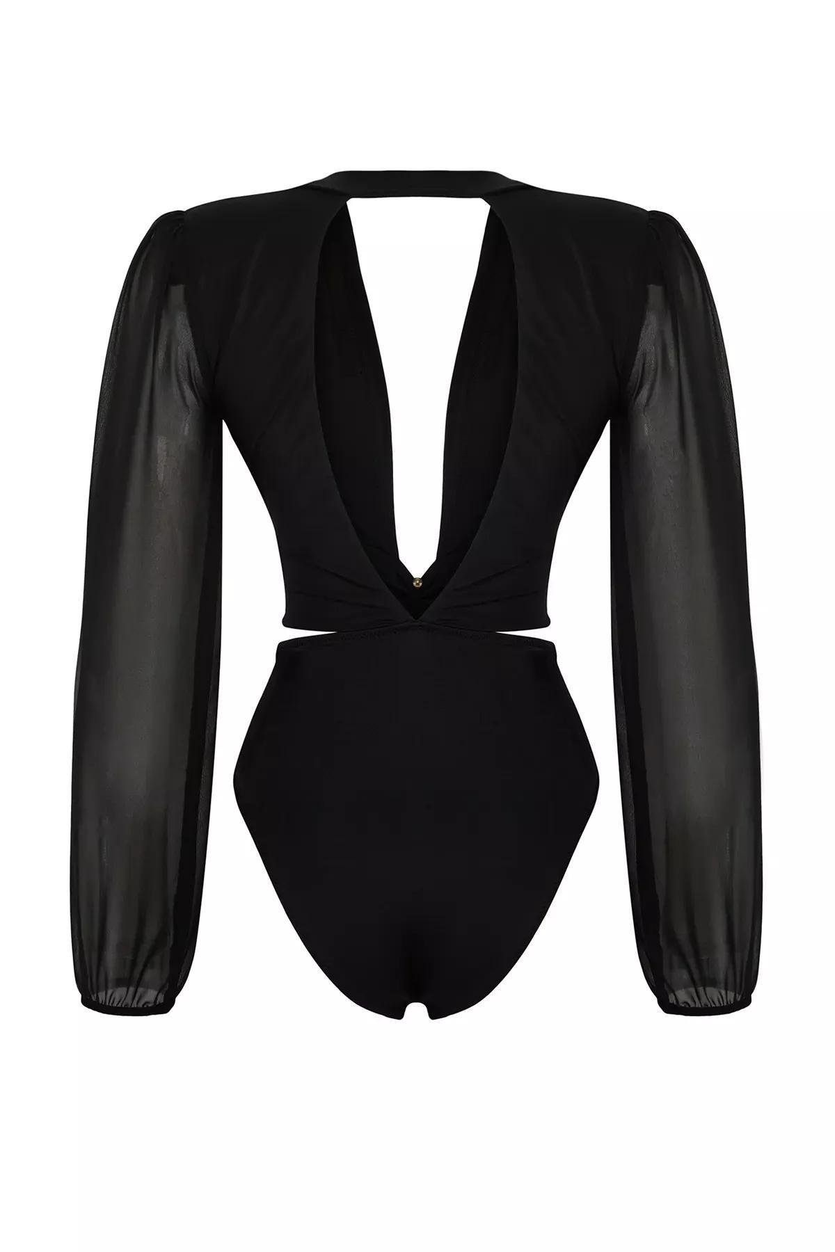 Black V-Neck Accessorized Swimsuit, C101_2094, large image number 6