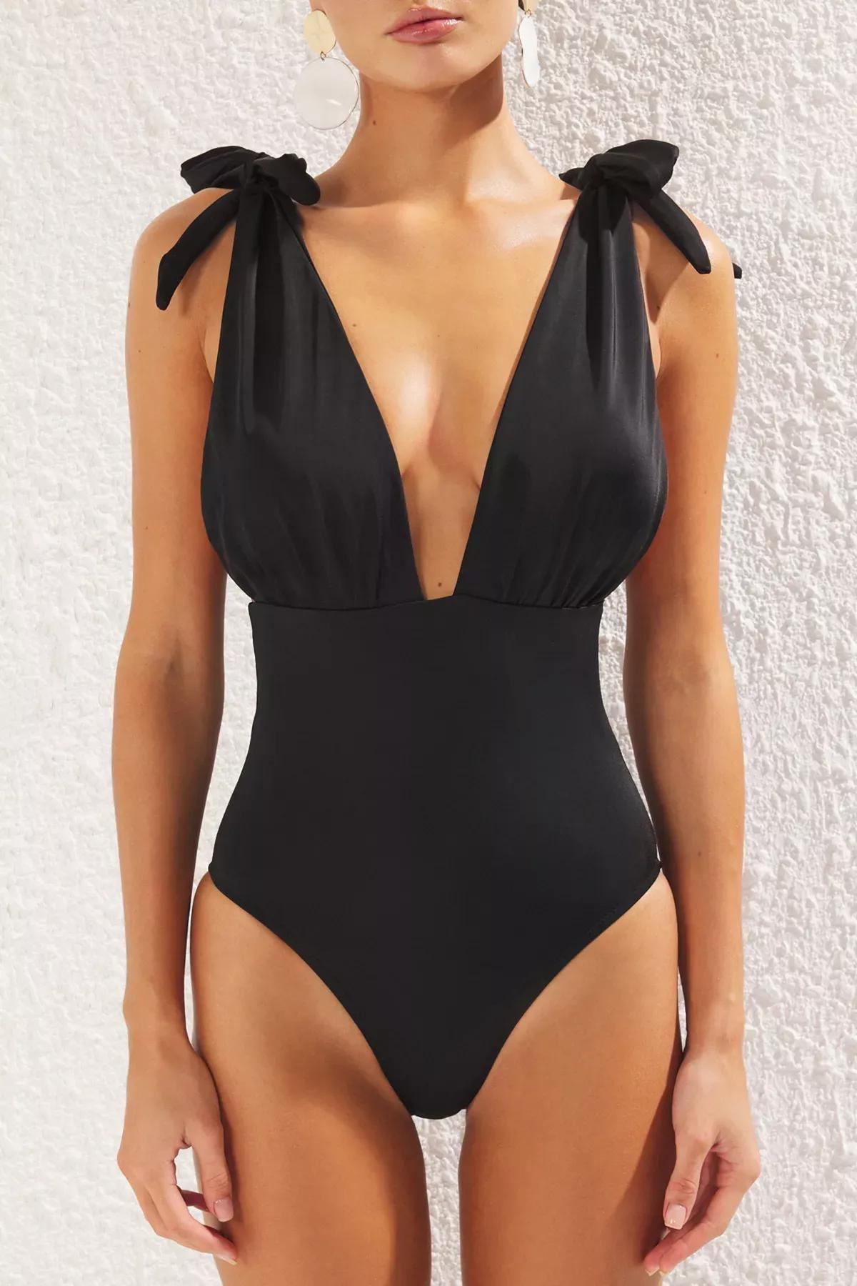 Black Deep V-Neck Tied Swimsuit, , large image number 2