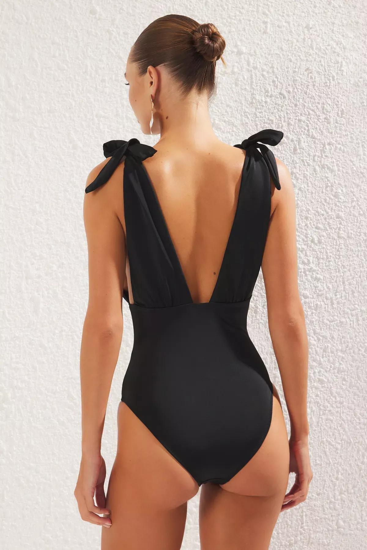 Black Deep V-Neck Tied Swimsuit, , large image number 3