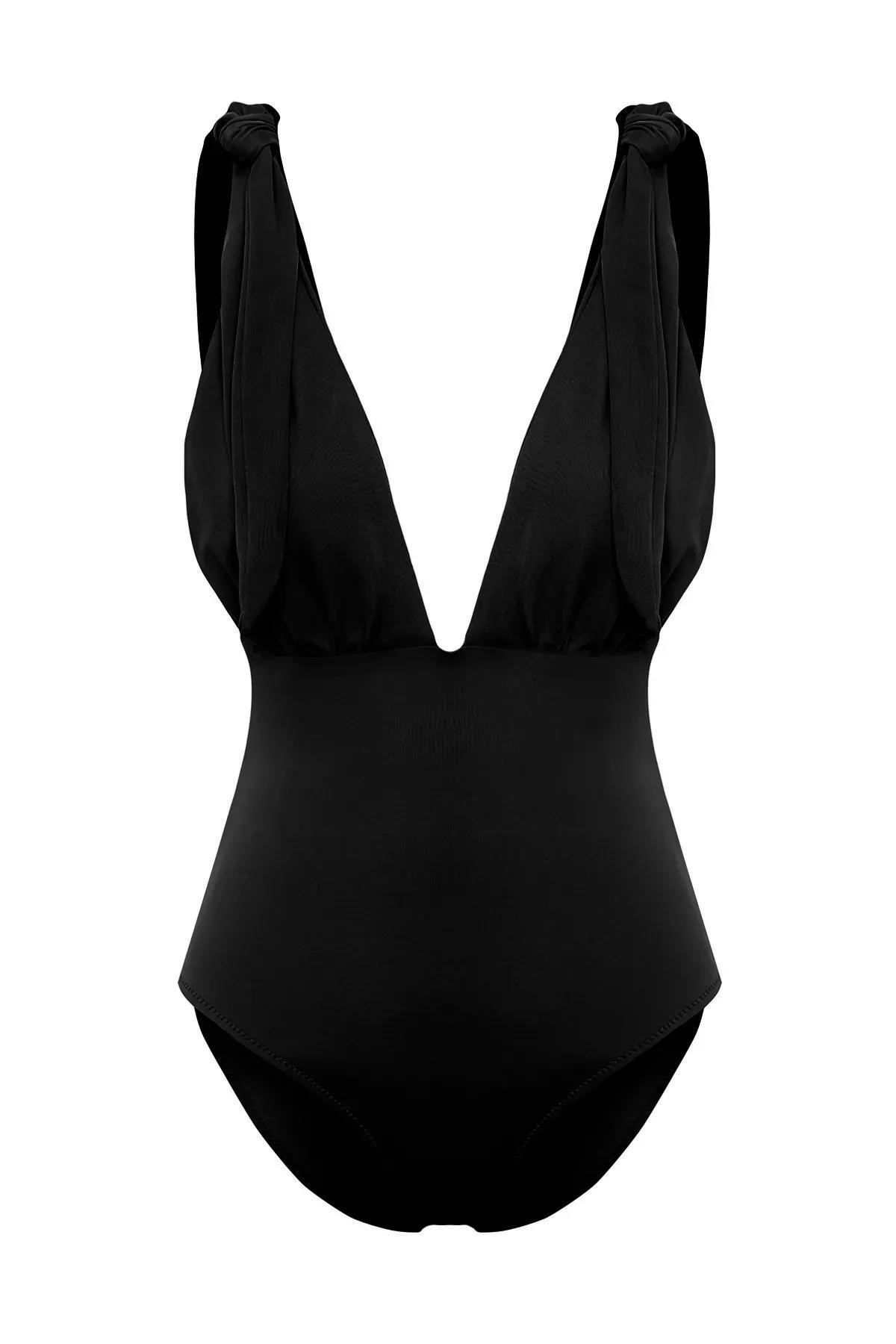 Black Deep V-Neck Tied Swimsuit, , large image number 4