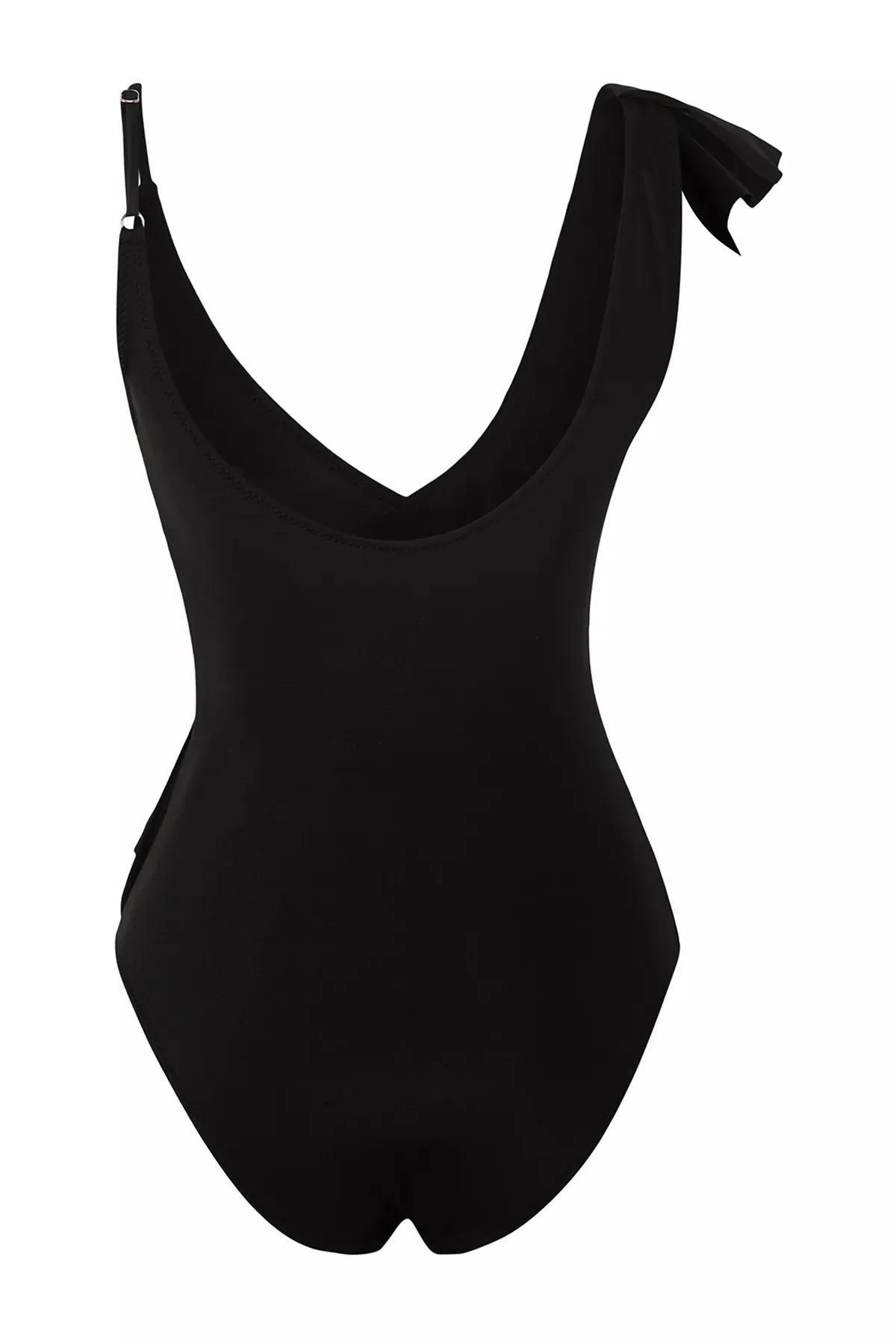Black One Shoulder Flounce Swimsuit, , large image number 6