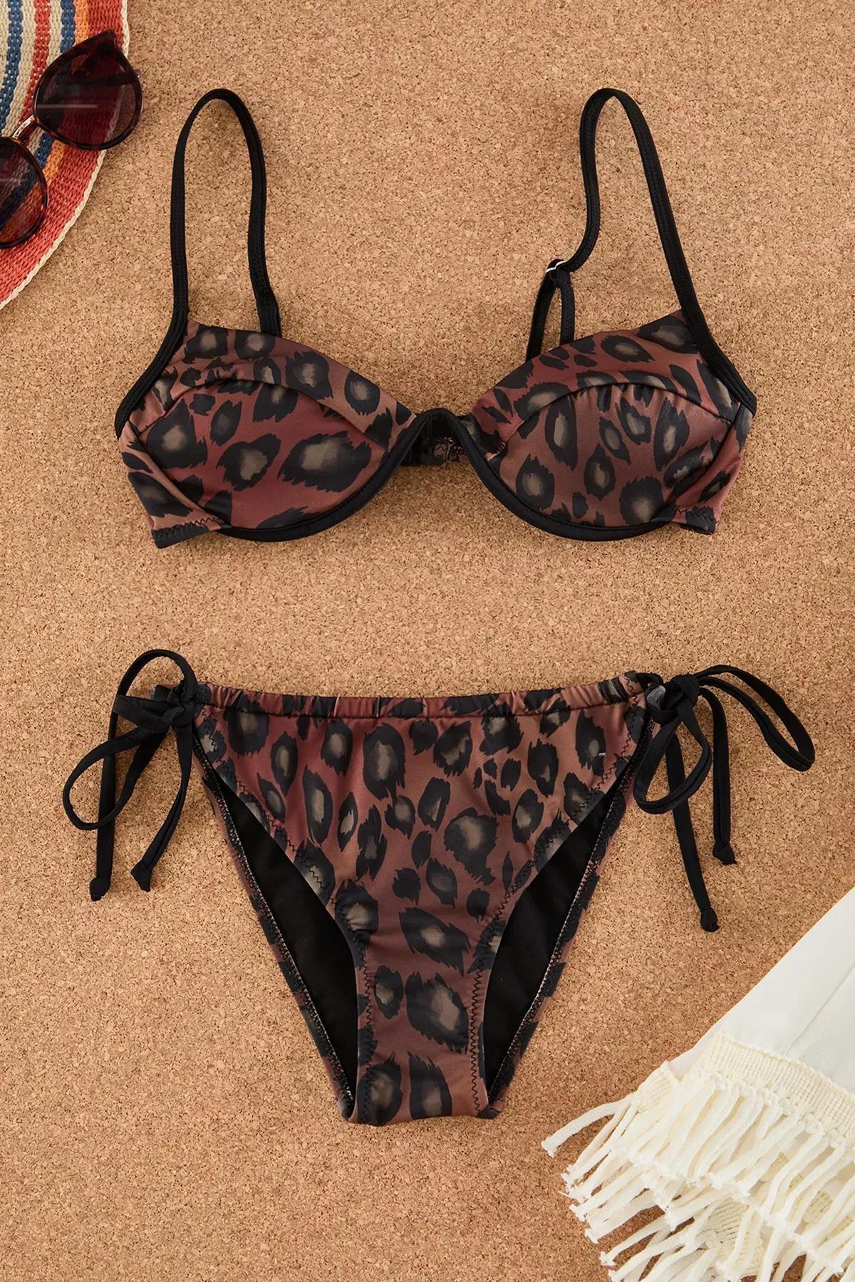 Brown Leopard Patterned Balconettete Bikini, , large image number 4