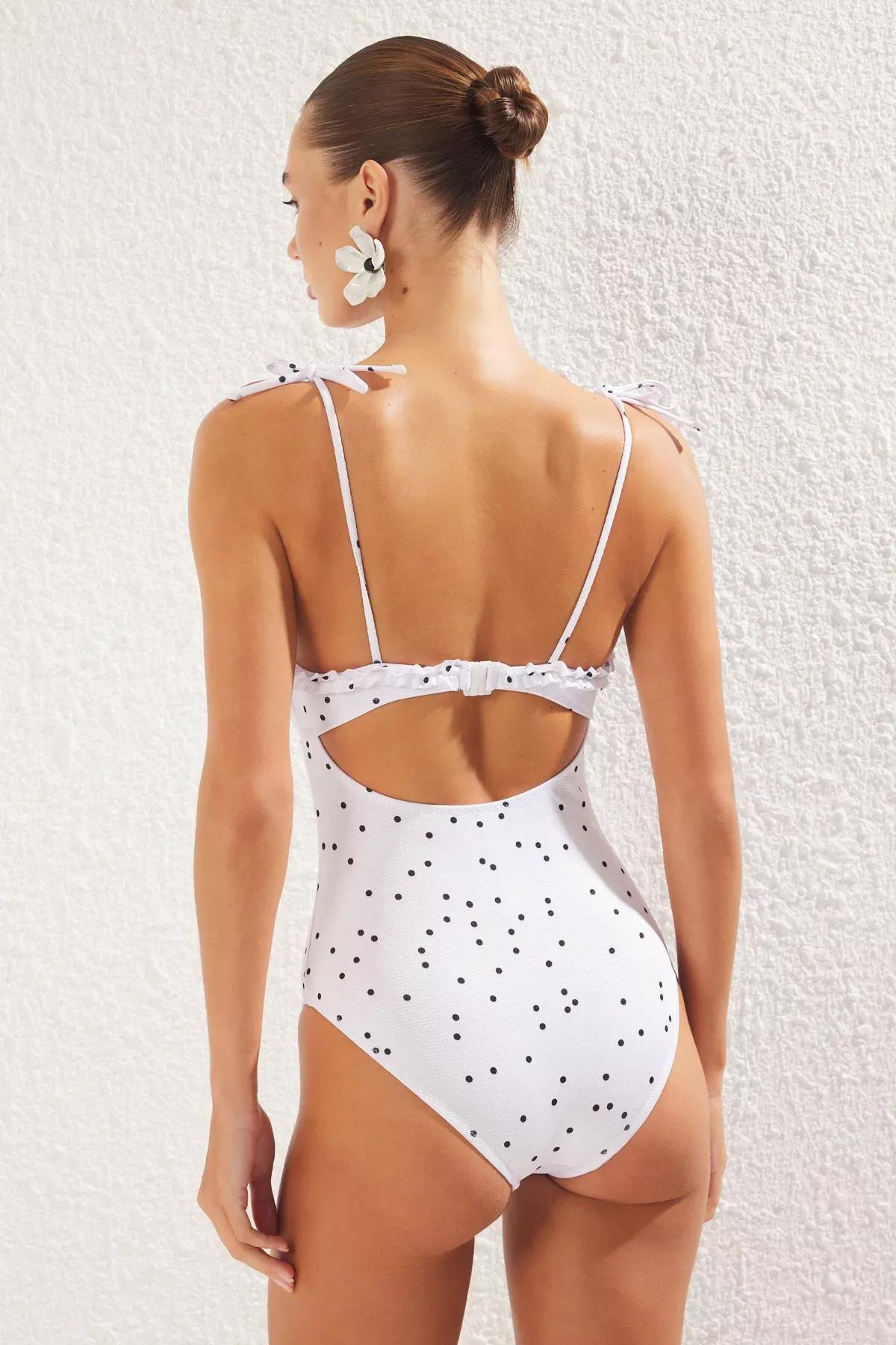 White Polka Dot Ruffle Textured Swimsuit, , large image number 4