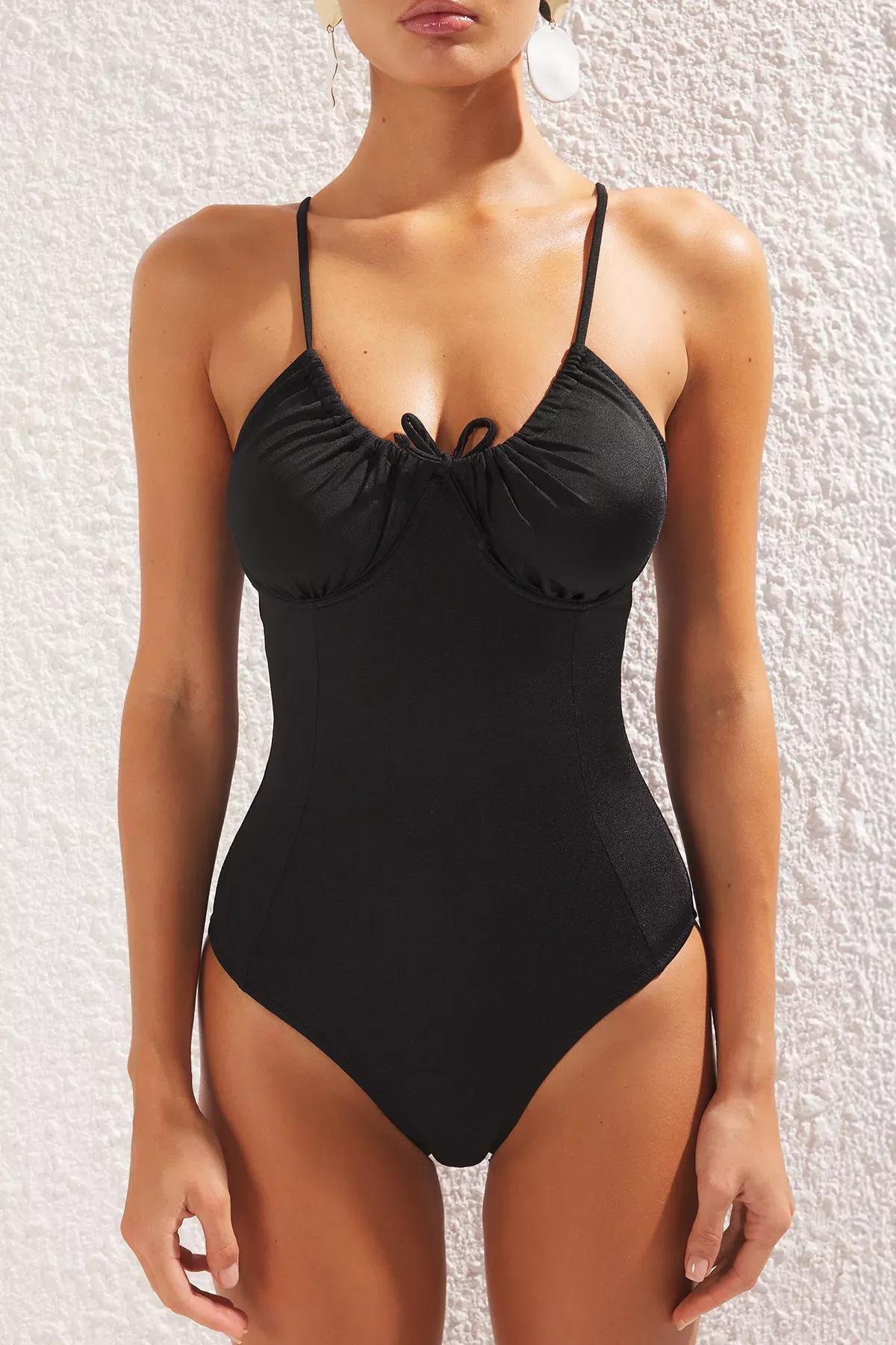 Black Tie Detail Underwire Tunnel Swimsuit, , large image number 2