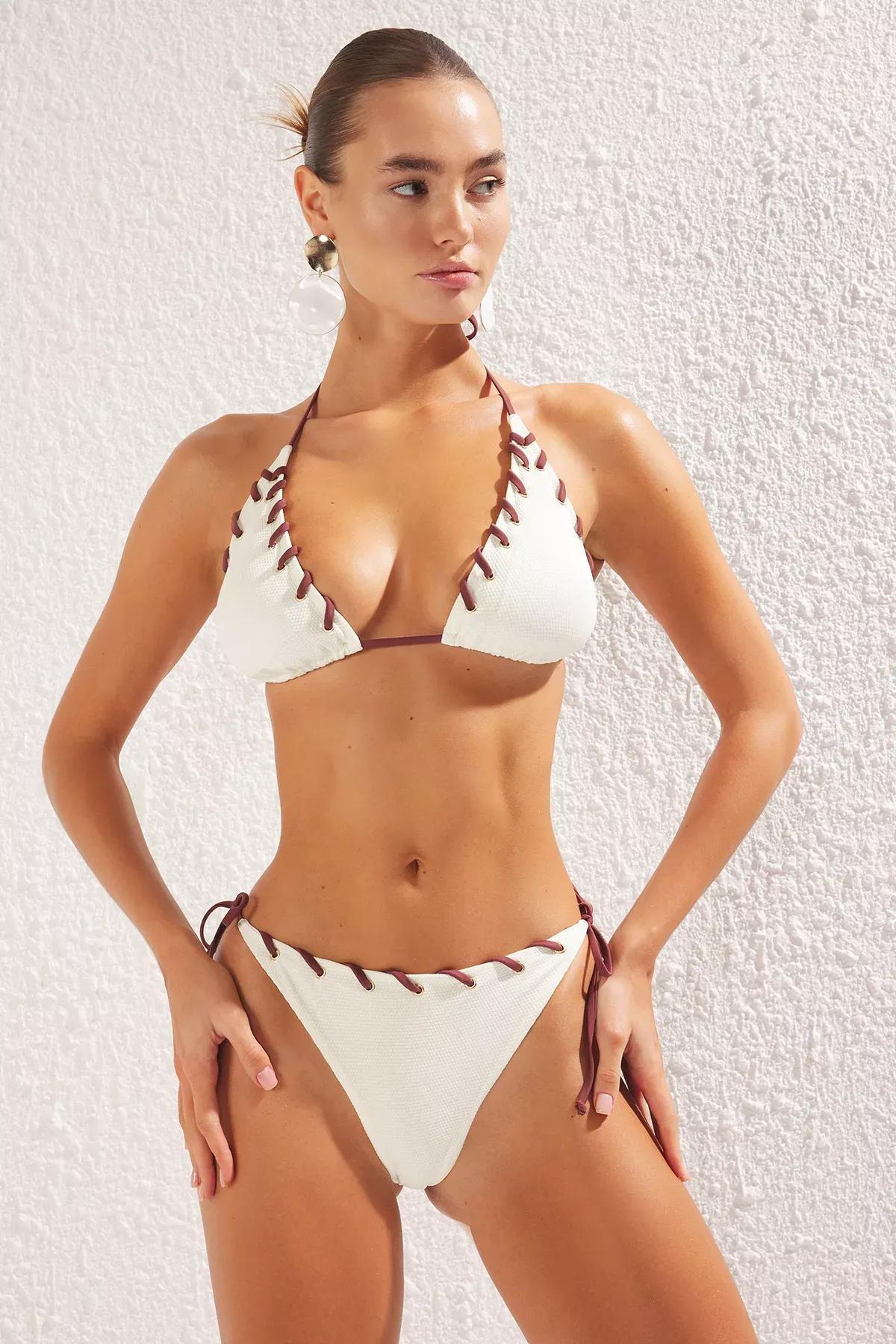 Ecru Triangle Detailed Bikini Set, , large image number 1