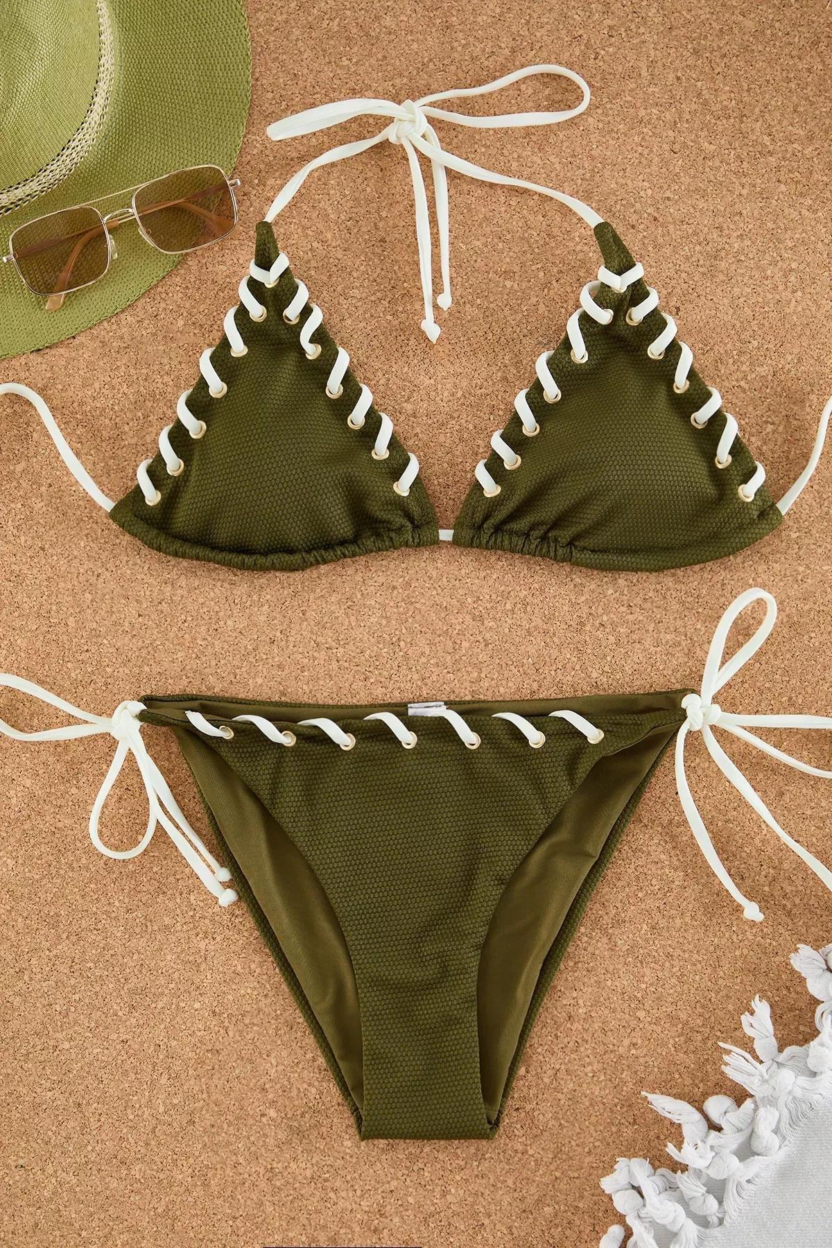 Khaki Triangle Piping Bikini Set, , large image number 4