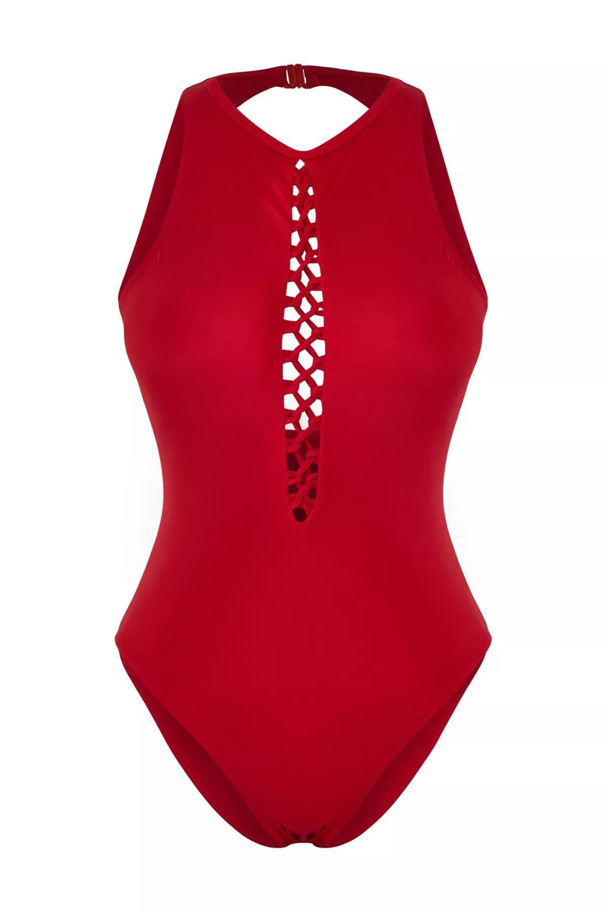 Red Halter Neck Swimsuit Piping, , large image number 4