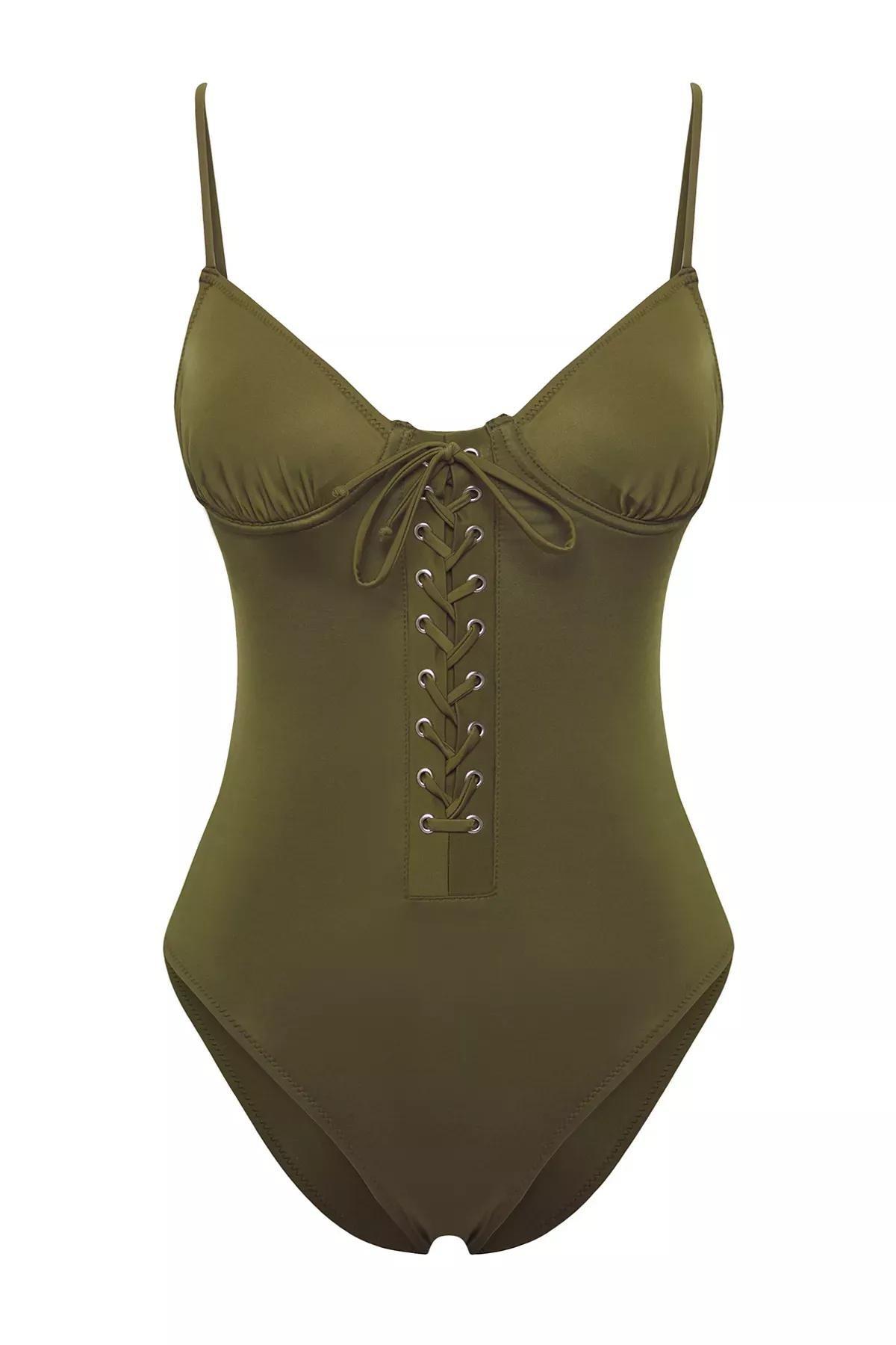 Khaki Balconette Eyelet Swimsuit, , large image number 4