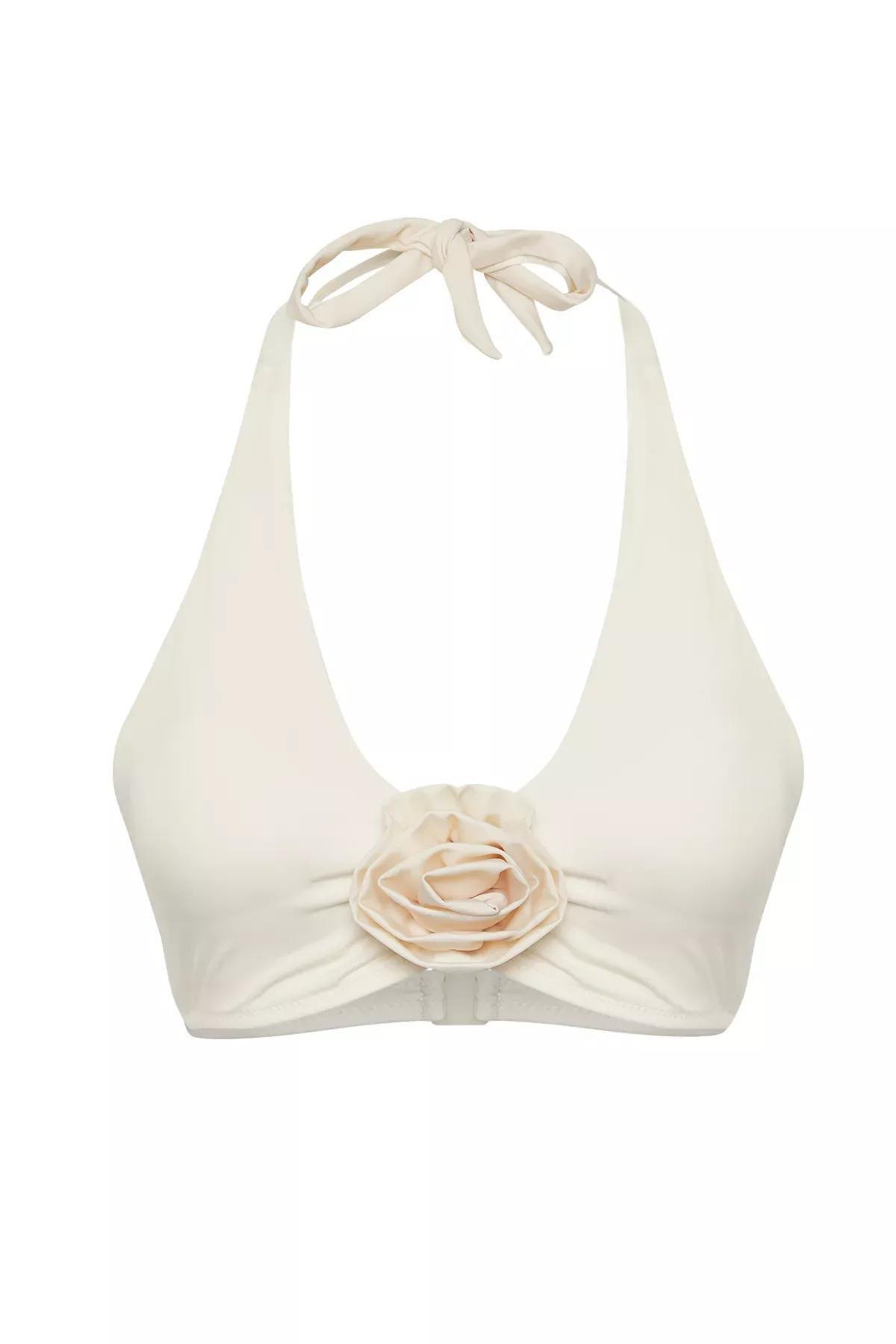 Beige Triangle Floral Applique Bikini Top, , large image number 1