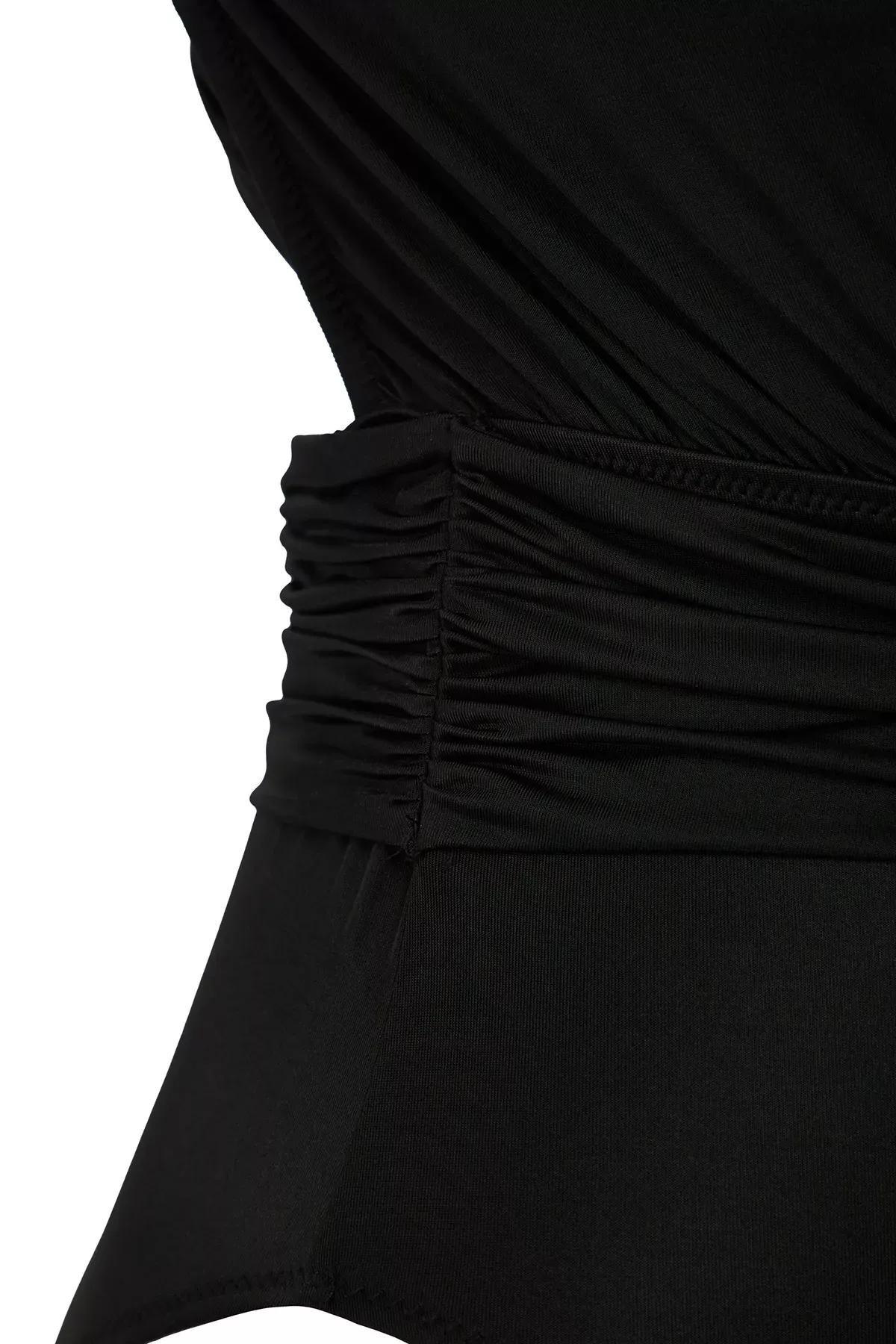 Black One Shoulder Draped Swimsuit, , large image number 5
