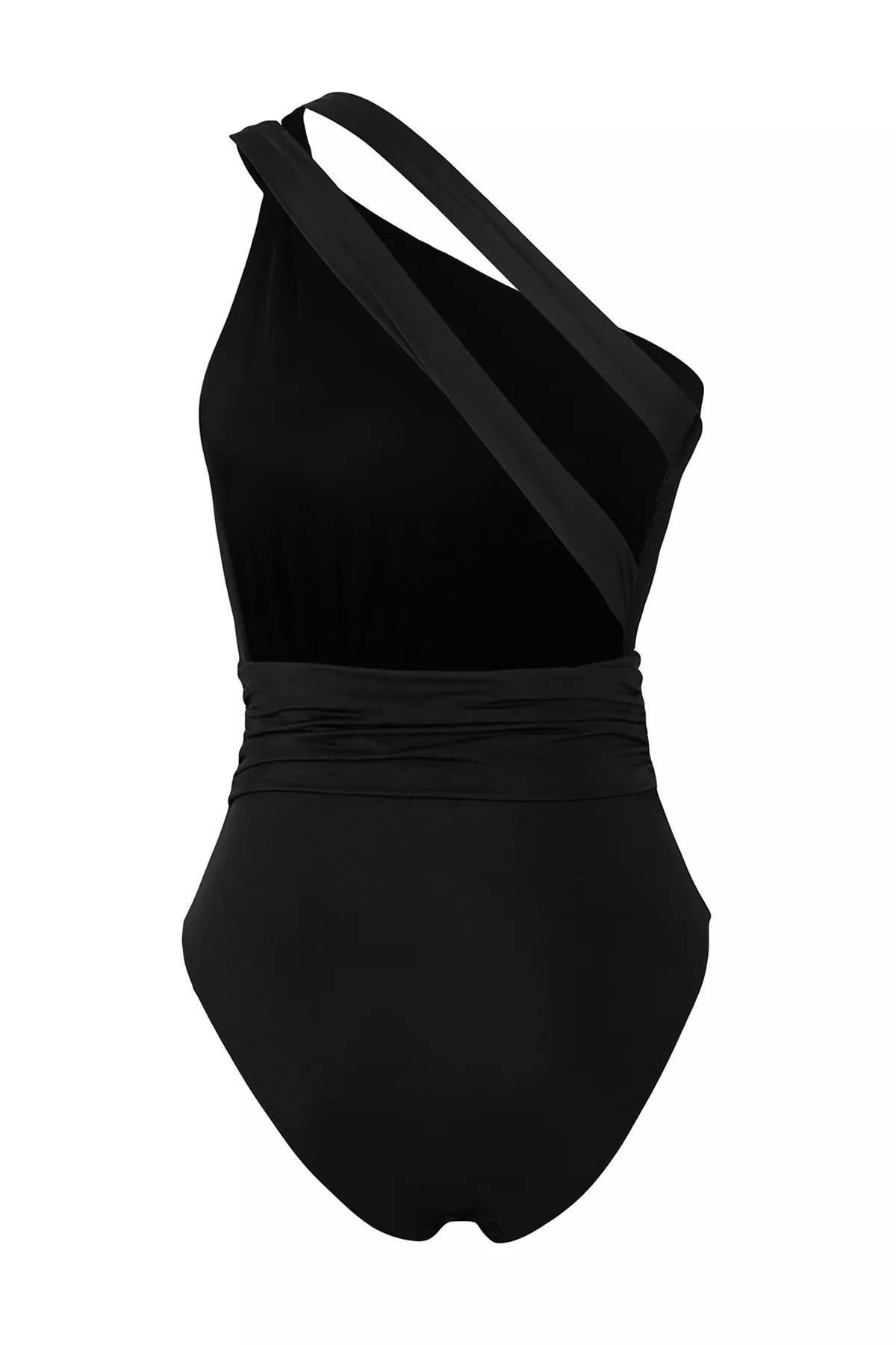 بدلة سباحة بكتف واحد بطيّات، أسود, , large image number 6