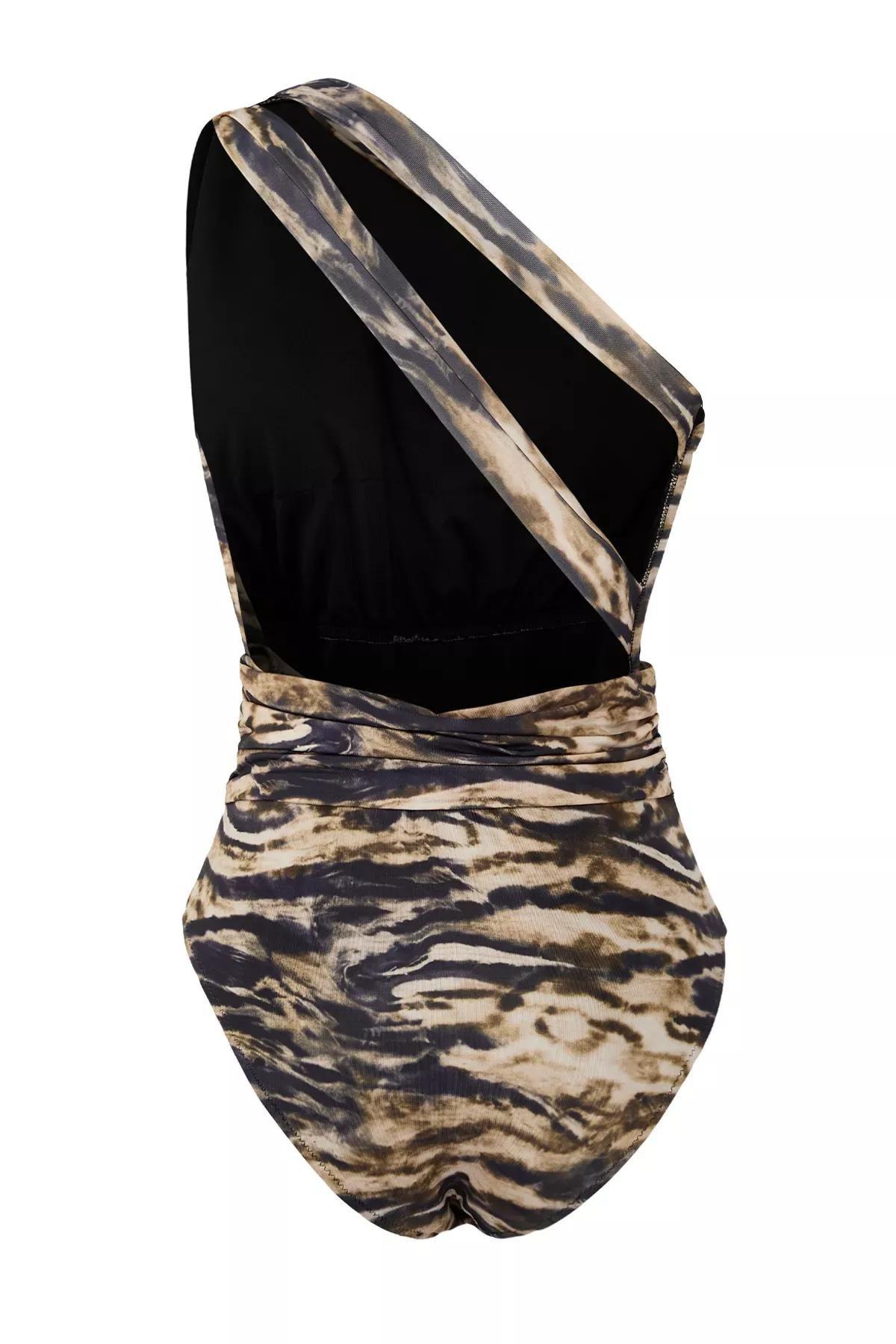 Multicolour Zebra Print One Shoulder Swimsuit, , large image number 6