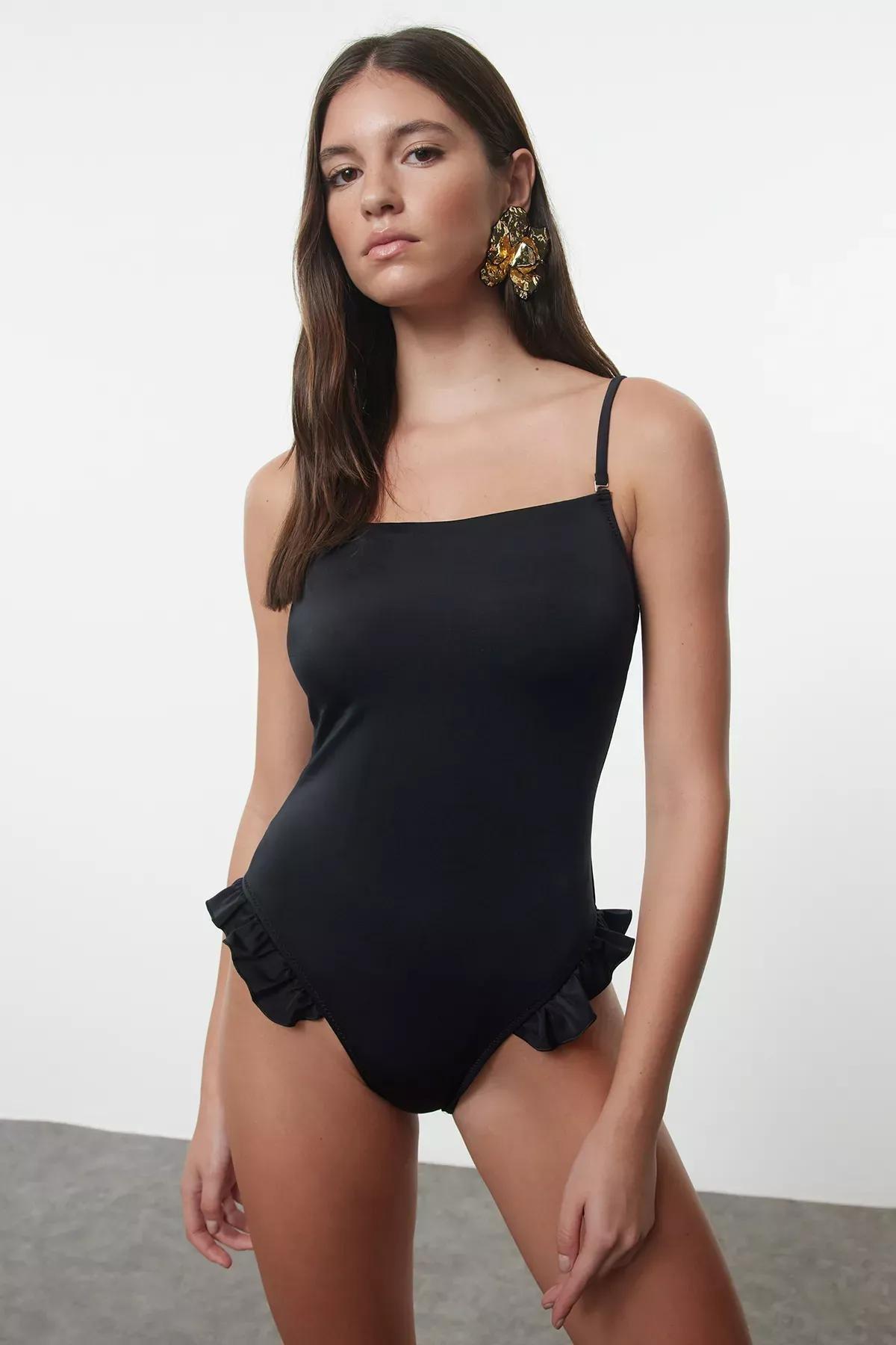 Black Square Collar Ruffle Swimsuit, , large image number 0